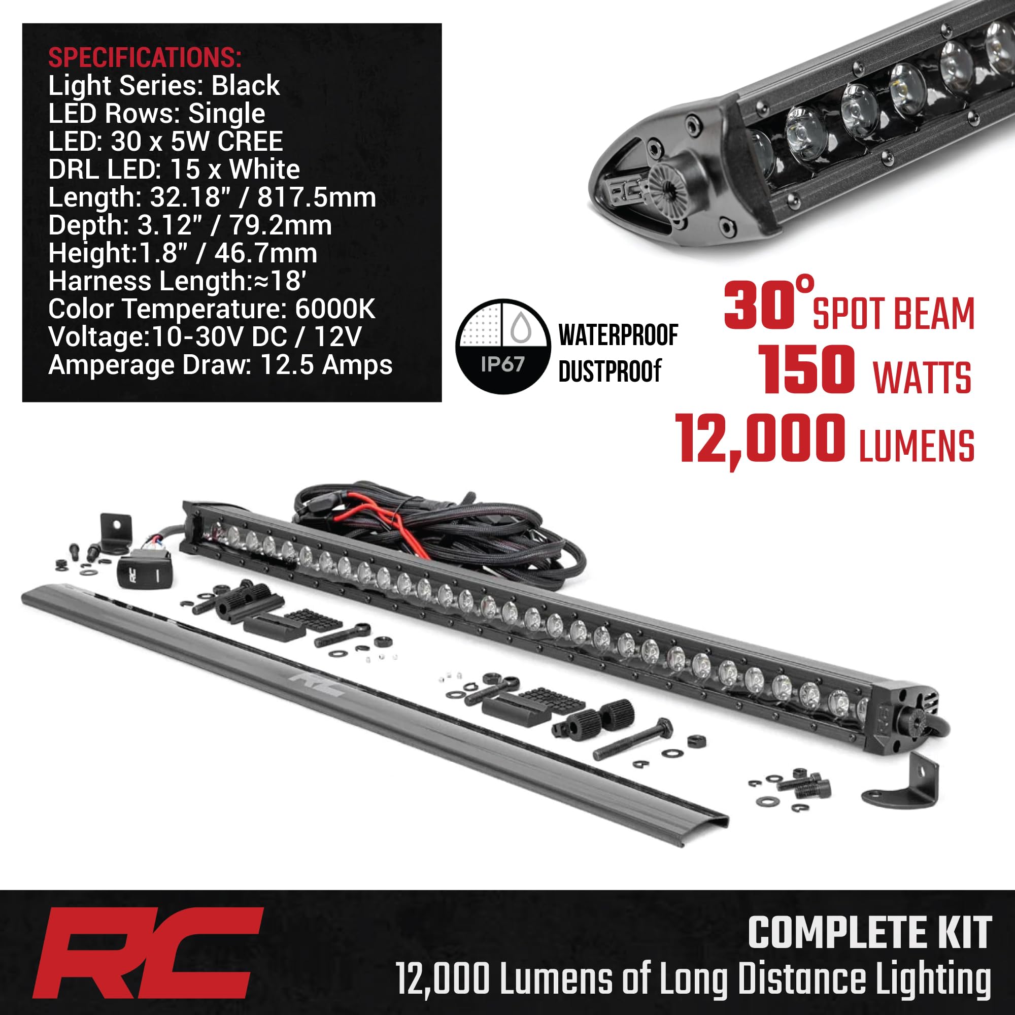 30-Inch Rough Country LED Light Bar with White DRL - 12,000 Lumens, 150W Cree LEDs, Spot Focus Beam for Trucks, Jeeps, UTVs & Off-Road Vehicles
