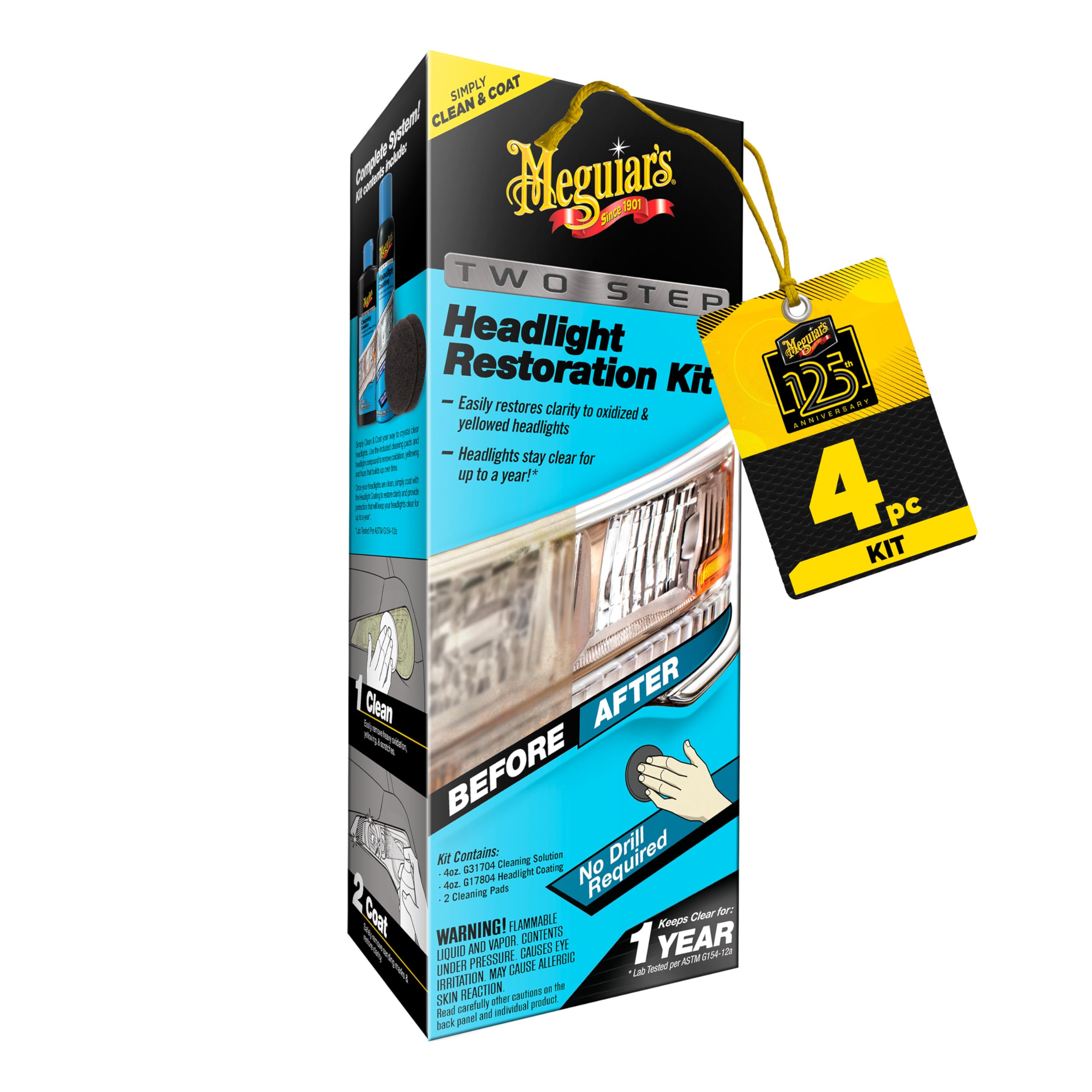 Meguiar's Headlight Restoration Kit Two Step, Headlight Cleaner Restores Clear Car Plastic and Protects from Re-Oxidation, Includes Headlight Coating and Cleaning Solution - 4 Count (1 Pack)