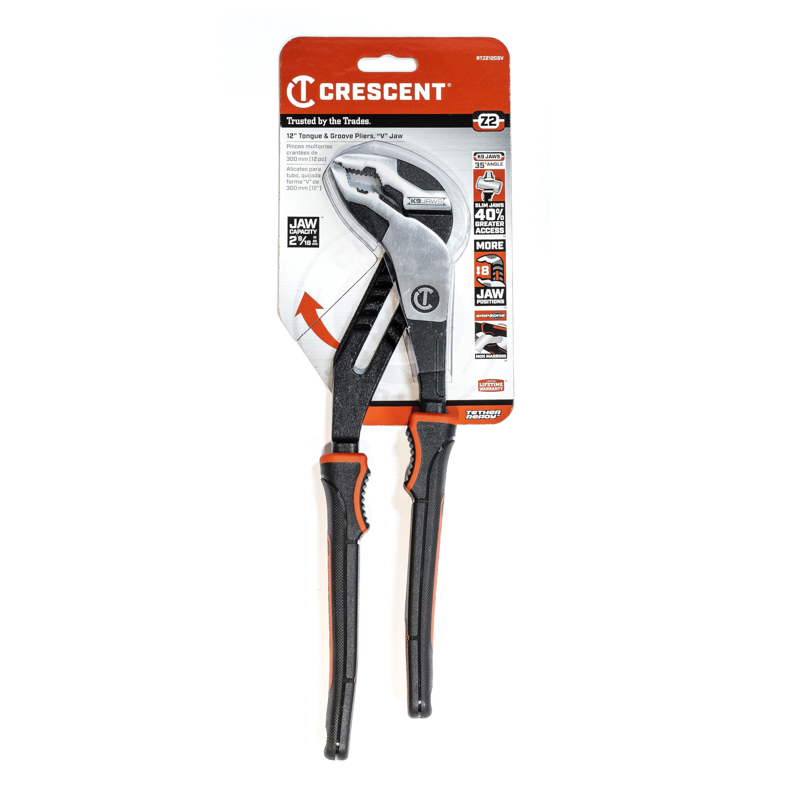 Crescent Z2 V-Jaw K9 Dual Material Tongue & Groove Pliers - Home Improvement, Mechanic, Plumbing & Repair Hand Tool - 12" - RTZ212CGV