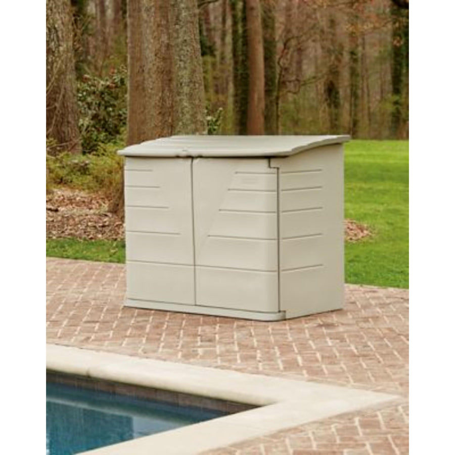 Large Rubbermaid Horizontal Resin Outdoor Storage Shed With Floor (5 x 4 Ft) Weather Resistant, Beige/Brown, Organization for Home/Backyard/Pool Chemicals/Toys/Garden Tools/Porch/Patio Cushions