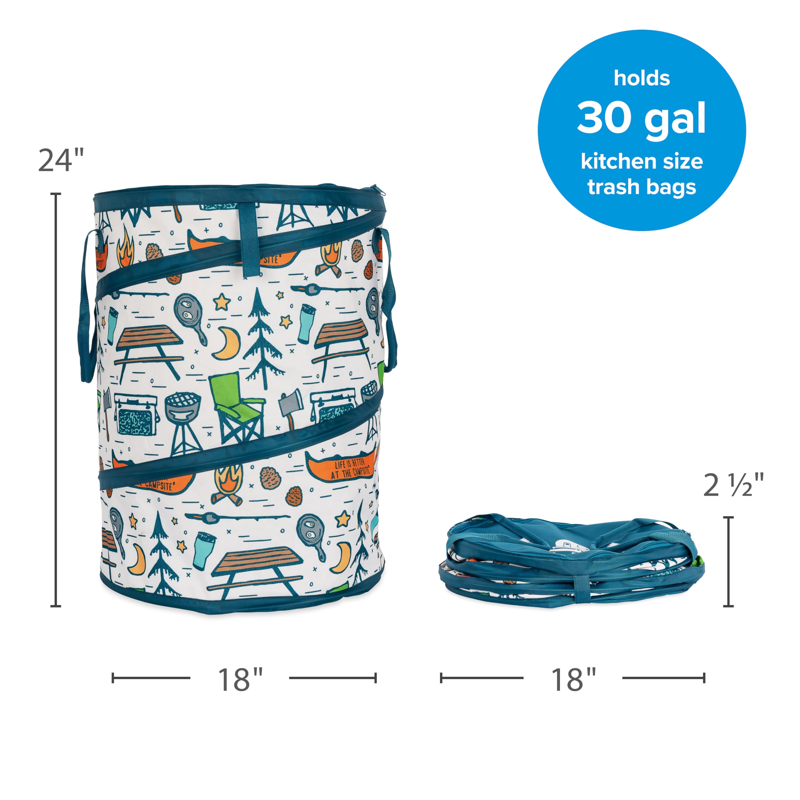 Camco Utility Container Pop-Up - Use as Collapsible Trash Can When Camping - Holds 30-Gallon Kitchen-Size Trash Bags - Stands 2-Ft Tall & Collapses for RV Storage and Organization (42997)