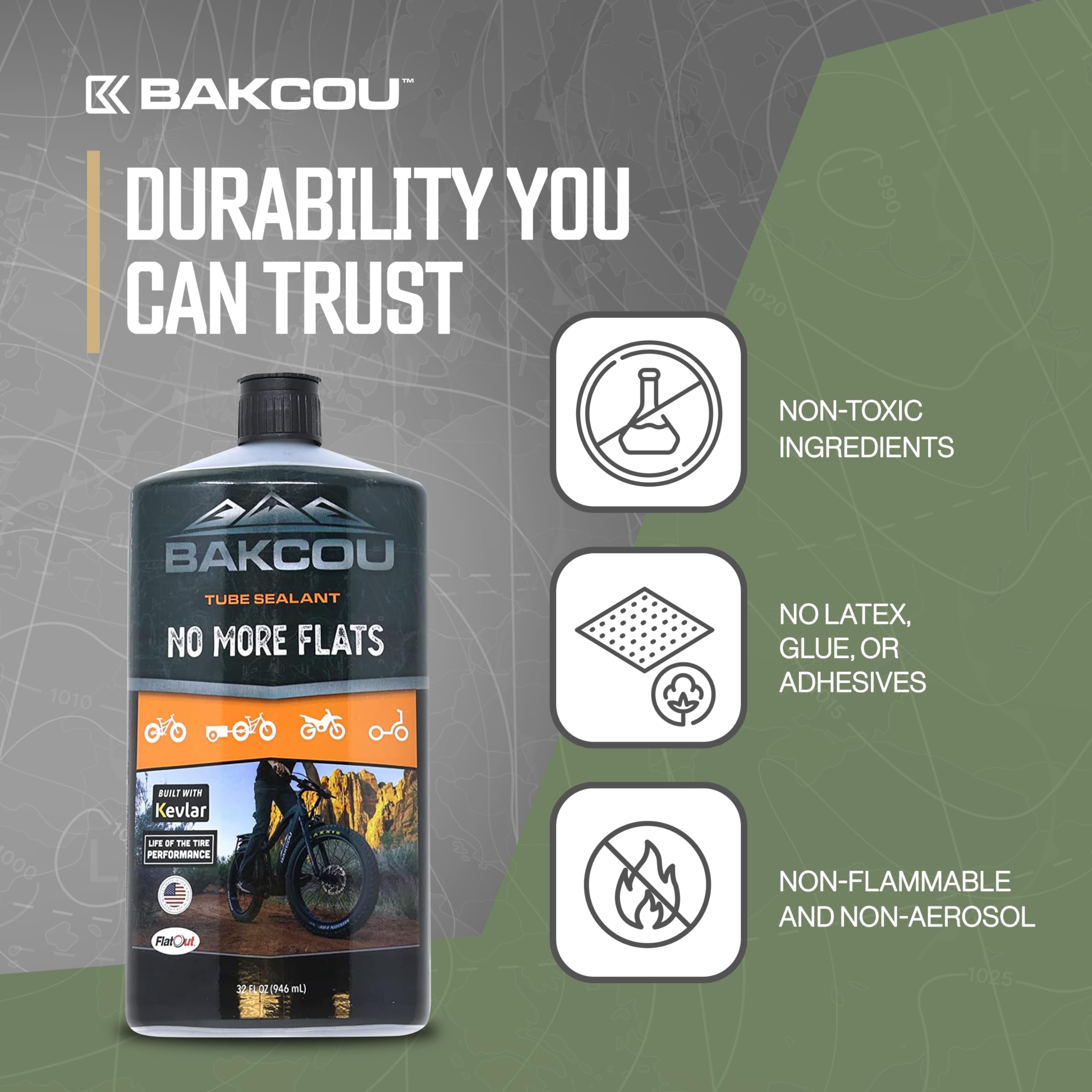 Flat Out - Bakcou Ultimate Off-Road eBike with Bicycle Sealant for Tire Repair, Prevents Flats, Seals Leaks, Engineered for Tough Conditions