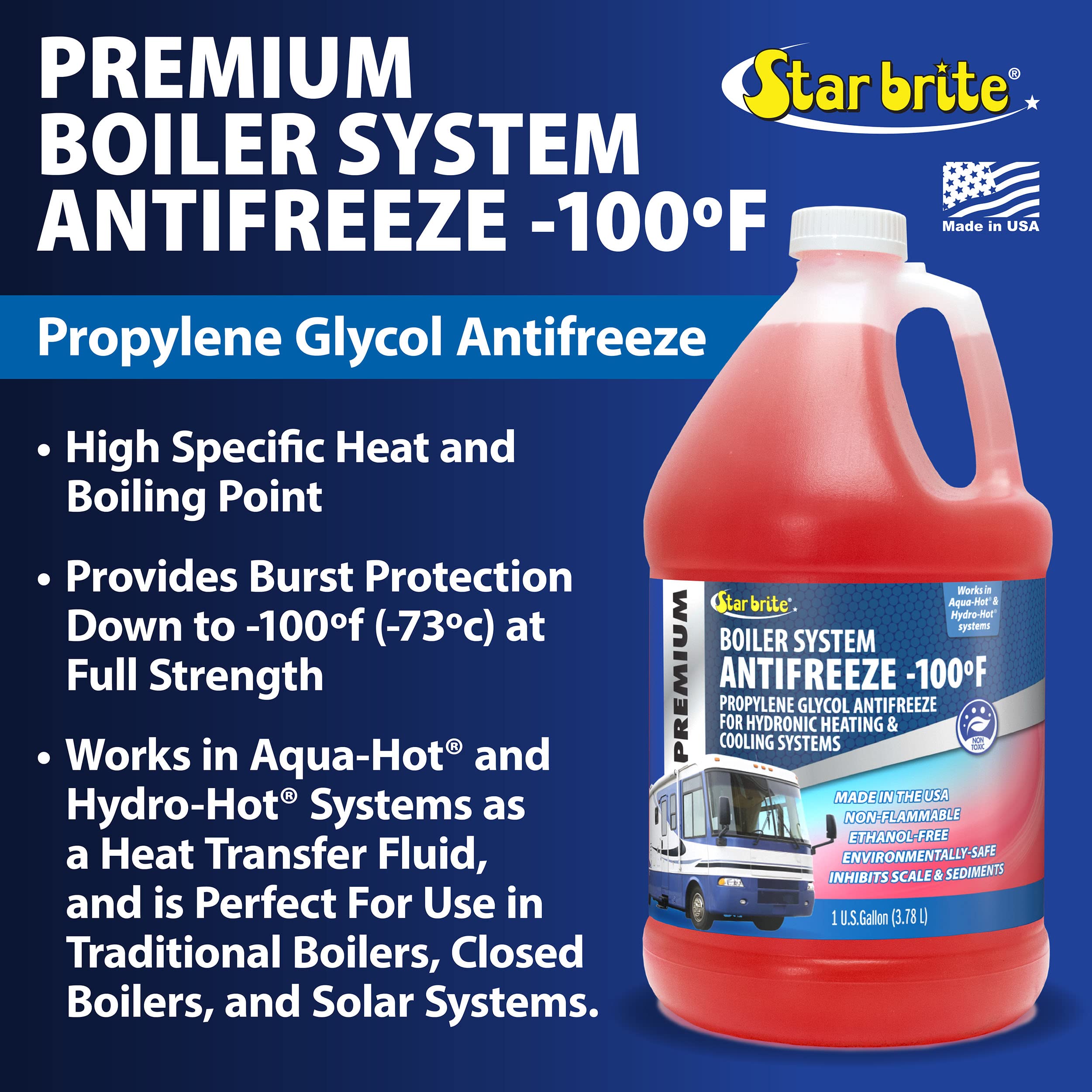 Boiler System Antifreeze - STAR BRITE Premium -100° Propylene Glycol Heating & Cooling Fluid - Made in USA - 1 Gallon (032700)