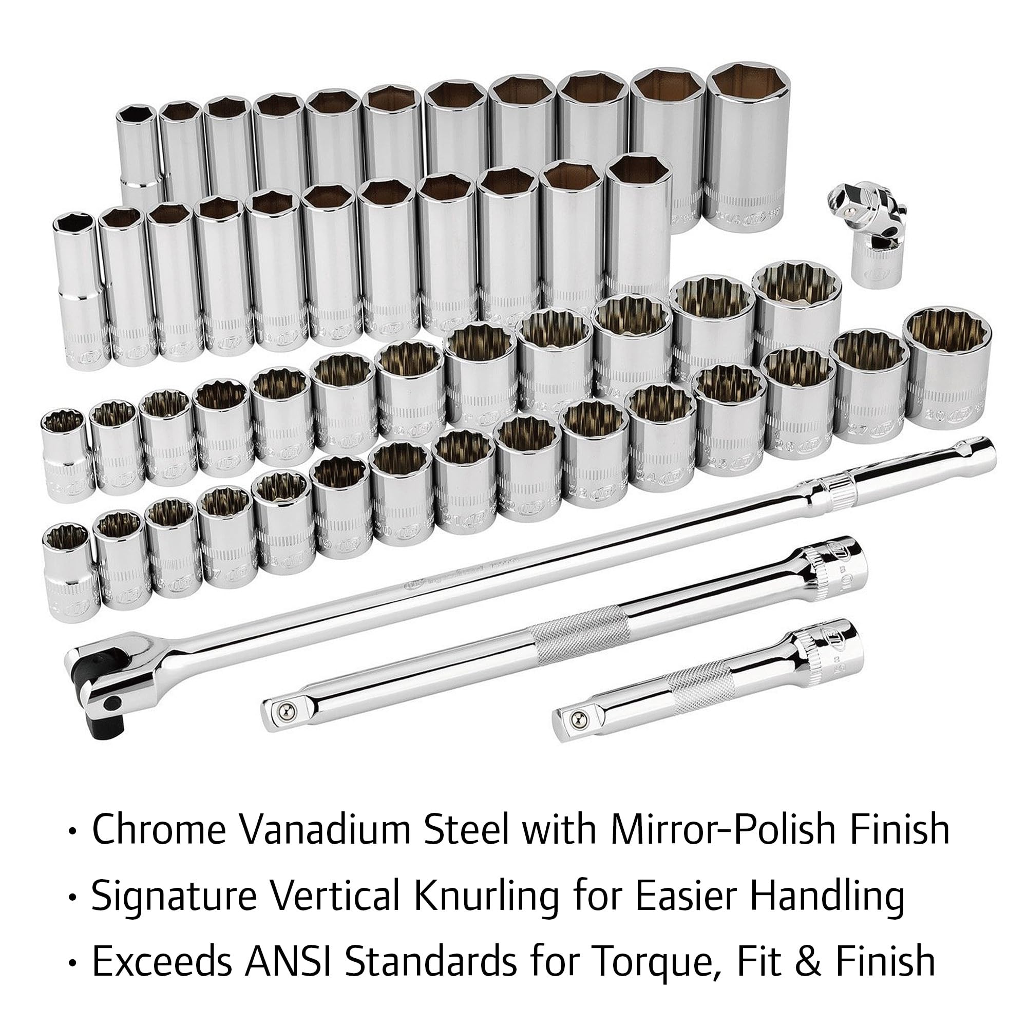 Ingersoll Rand 1/2 in. Drive SAE/Metric 54-Piece Master Socket and Accessory Set – Mirror-Polished Chrome Vanadium Steel, 90-Tooth Ratchet, EVA Tray with Size Markings – 752002