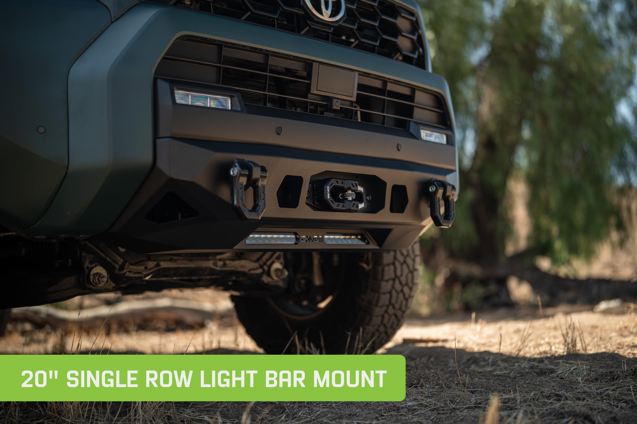 Centric Winch Front Bumper DV8 Offroad for 2025 Toyota 4Runner | Winch Mount | 20" Single Row Light Bar Mount | Pair of 3" Pod Light Mounts | (2) 1" Thick D-Ring Mounts | Powder Coated Finish | Steel