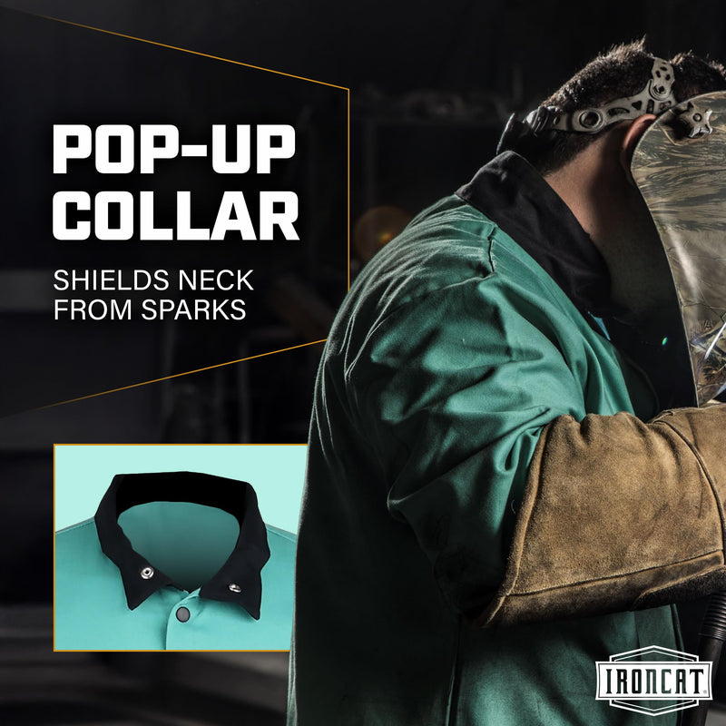 FR Treated Ironcat Cotton Sateen Jacket, 9 oz., Anodized Snaps, Interior Pocket, Pop-up Welders Collar, Scribe Pocket, Green, Small (7050/S)
