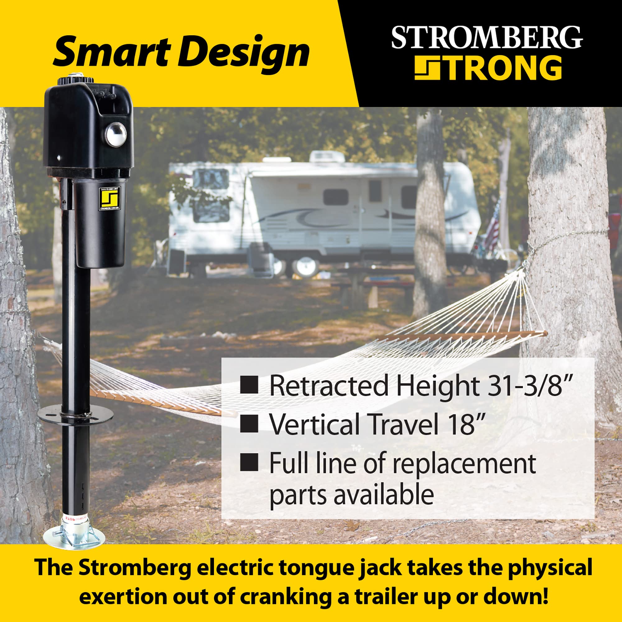 Stromberg Carlson Electric Tongue Jack JET-2500 - Heavy Duty Jack with Motor Protection, 18" Vertical Travel, Stabilizing, Leveling & Lifting RVs, Campers, Utility Trailers, Black, 2500 lb Capacity