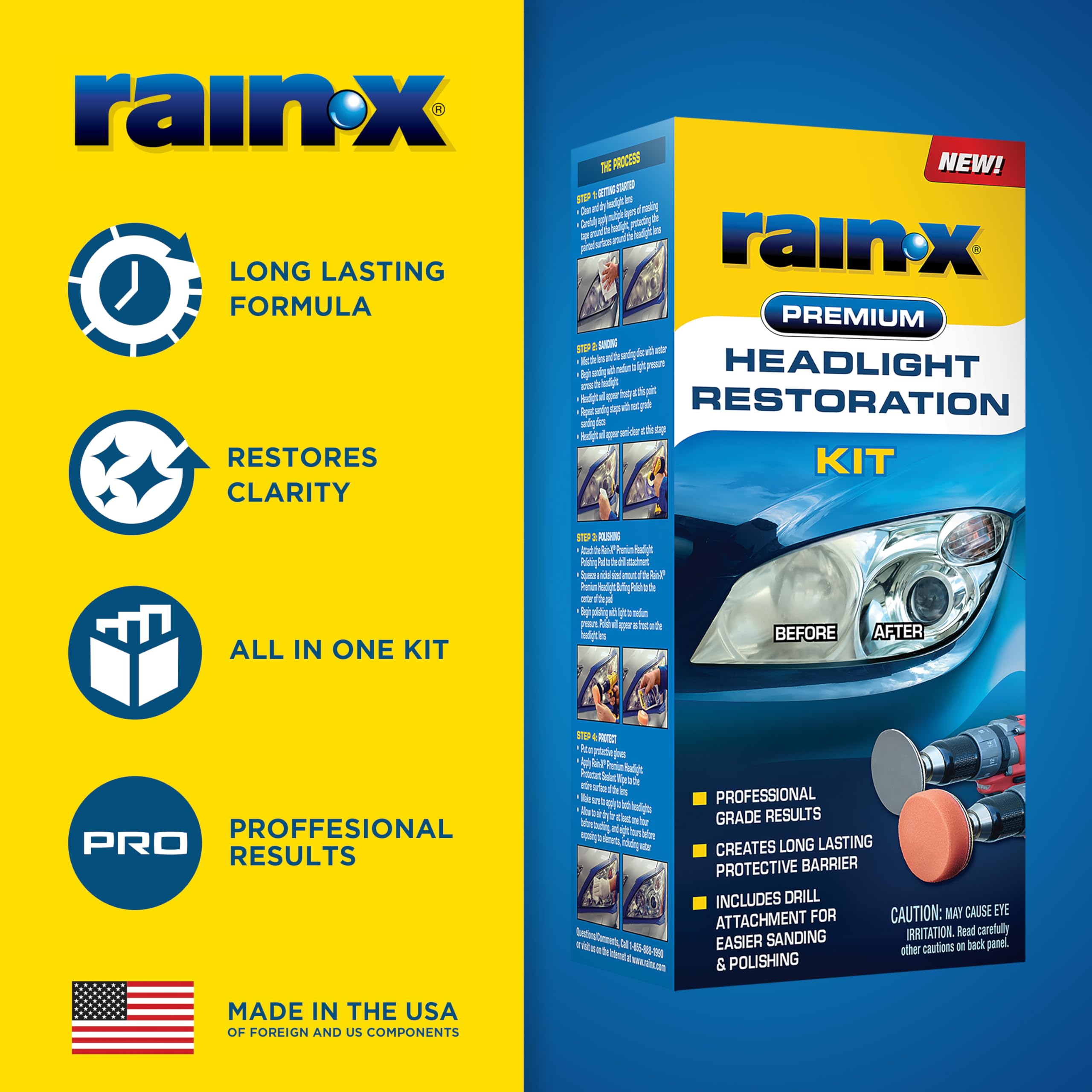 Headlight Restoration Kit Rain-X 610153 - Car Light Lens Cleaner/Restorer with Sanding & Polishing Drill Attachments & Sealant Wipe, Removes Scratches & Oxidation- All in 1 Long Lasting Formula