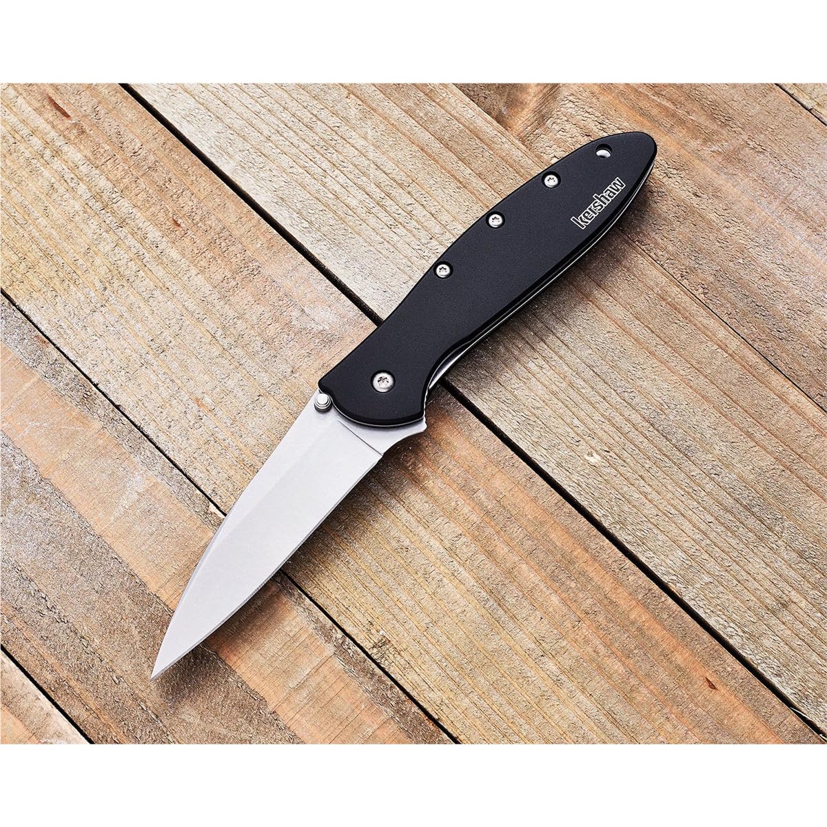 Kershaw Leek, Pocket Knife Stonewashed (1660SWBLK) 3 Stonewashed High-Performance Sandvik 14C28N Steel Blade, Black Anodized Aluminum Handle, SpeedSafe Assisted Opening, Liner and Tip Lock; 2.4 OZ