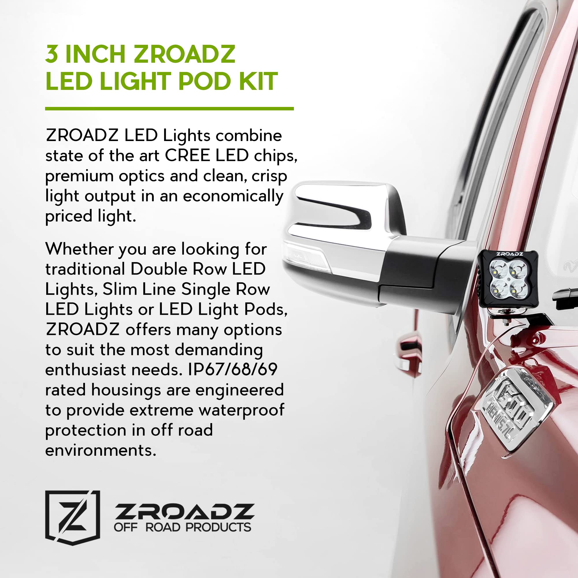 ZROADZ 3"Light Pod Kit, G2 Series, White, Spot Z30BC20W-D3S-K 2 Pc