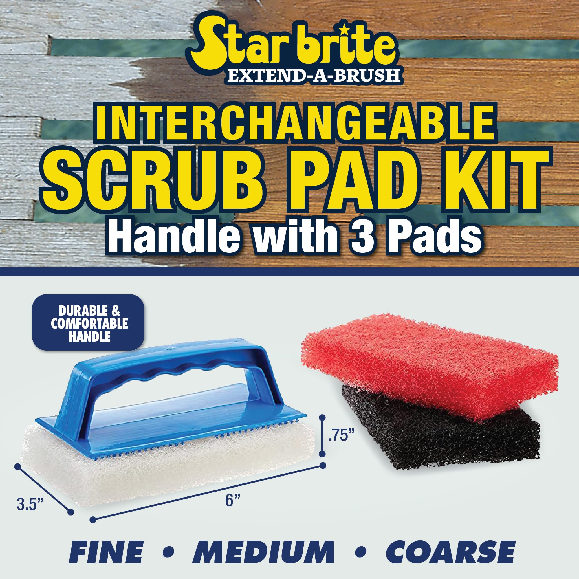 Scrub Pad Kit STAR BRITE - 3 Different Textured Scouring Pads & Interchangeable Handle (040023PW)