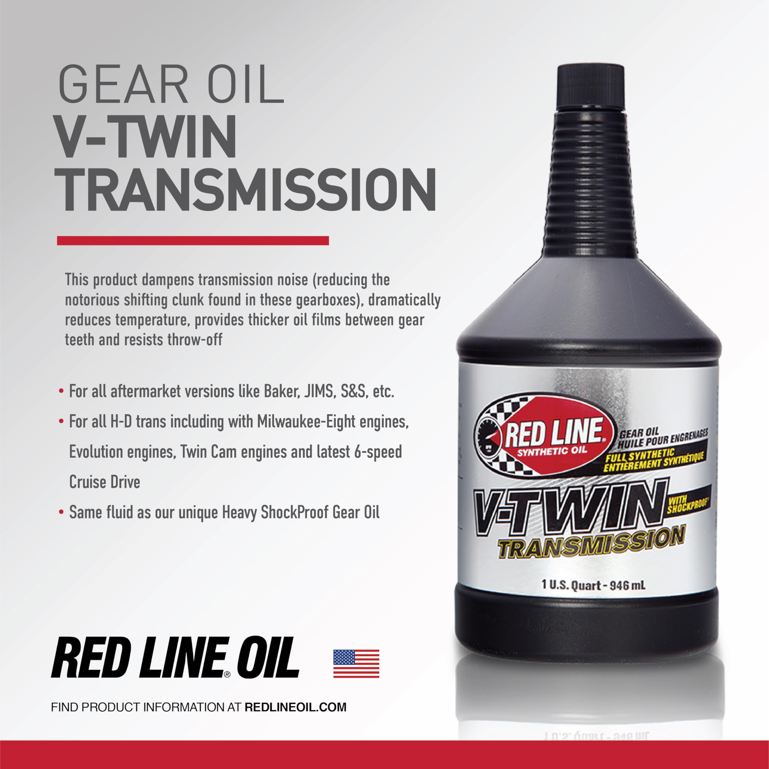 Red Line Full Synthetic Gear Oil 42804, V-Twin Transmission Oil with Shockproof - 1 Quart