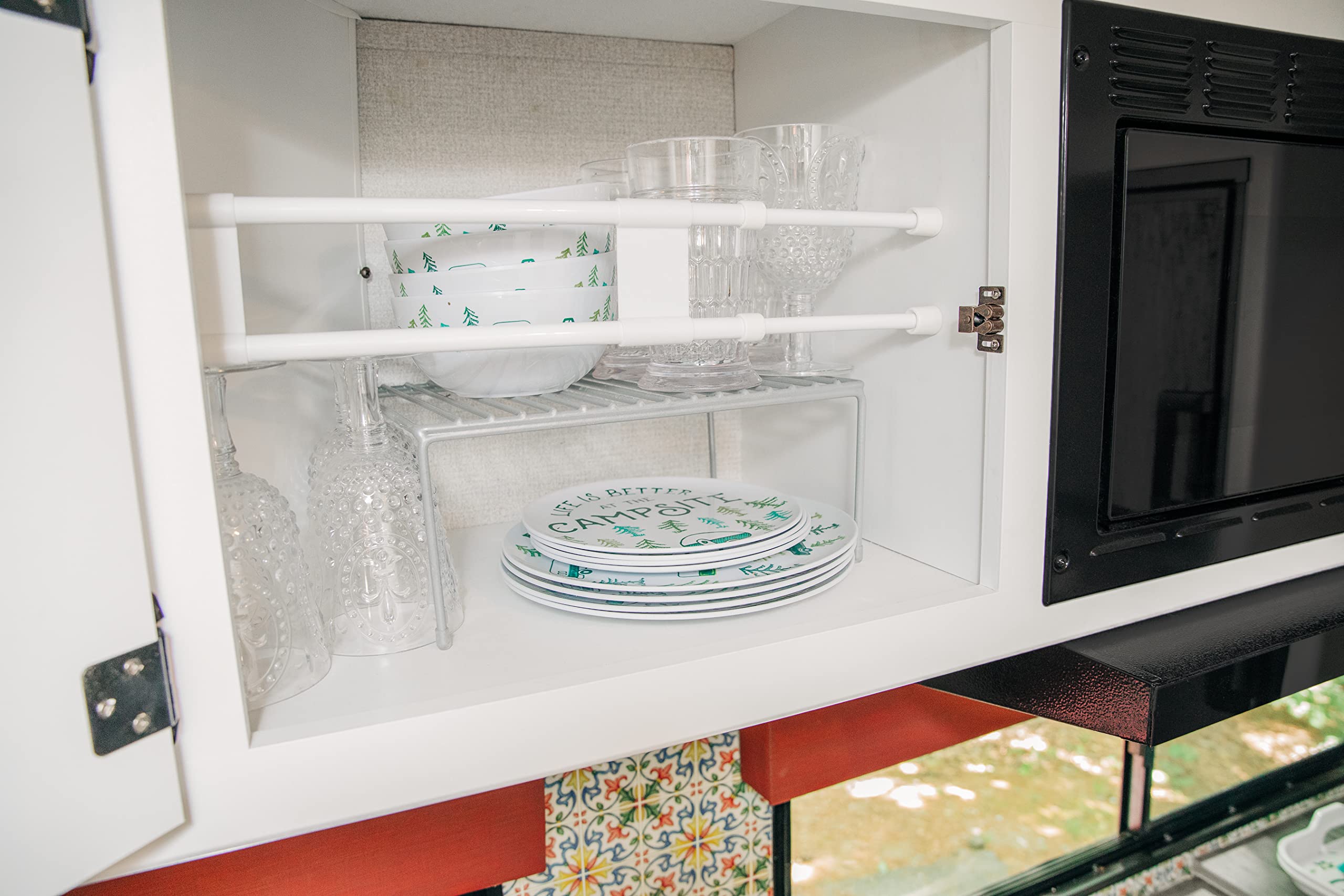 Camco 34" RV Double Refrigerator Bar -Holds Food and Drinks in Place During Travel - Prevents Messy Spills - Spring Loaded and Extends Between 19" and 34" - White (44074)