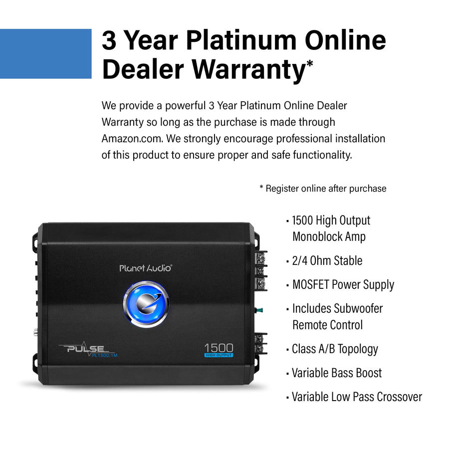 Planet Audio Monoblock PL1500.1M Car Amplifier - 1500 Watts, 2/4 Ohm Stable, Class A/B, Mosfet Power Supply