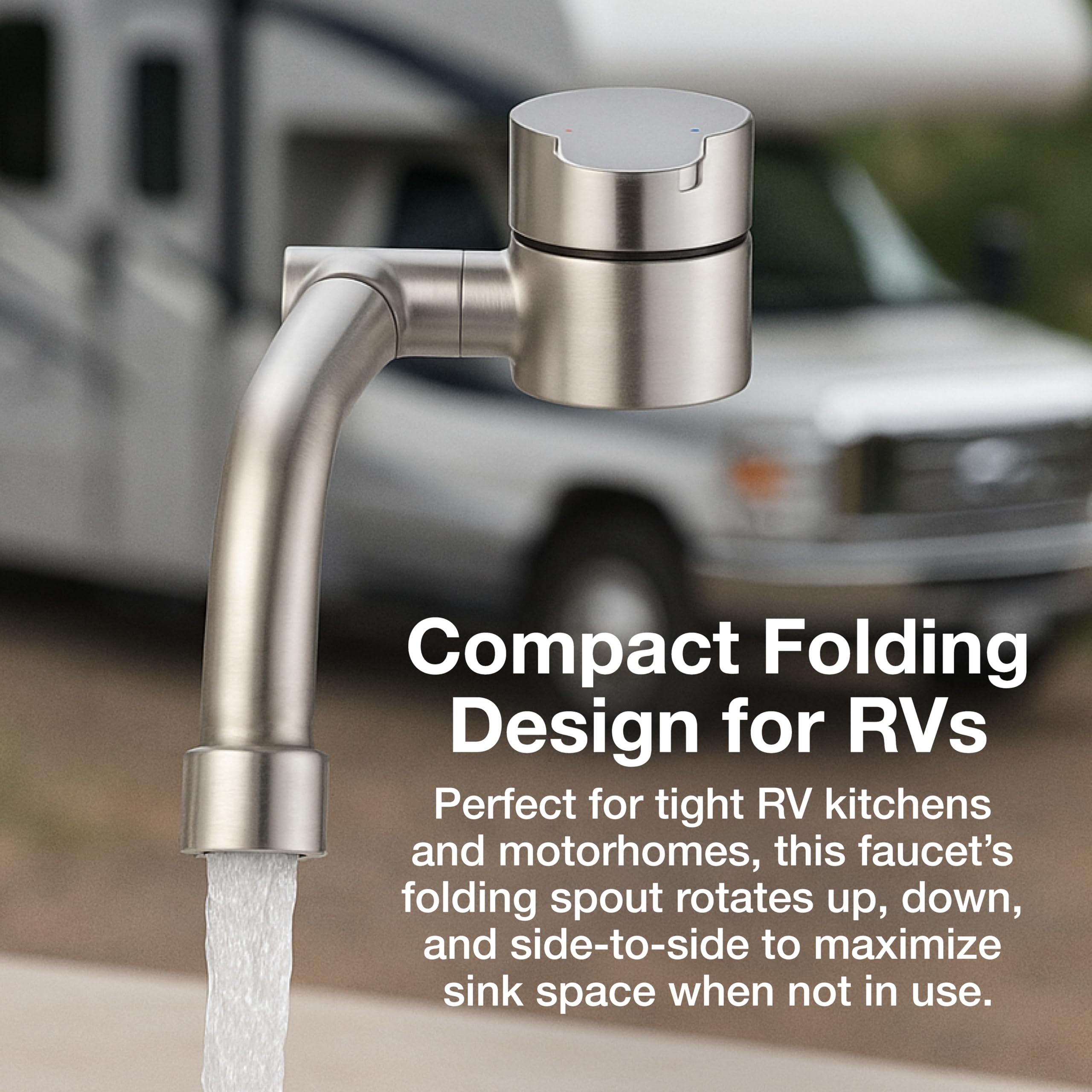 Folding RV Kitchen Faucet Dura Faucet (DF-MK510H-SN) – Brushed Satin Nickel, 360° Rotating & Vertical Folding Spout, Single Lever Handle, Lead-Free, Easy Install Compact Sink Faucet
