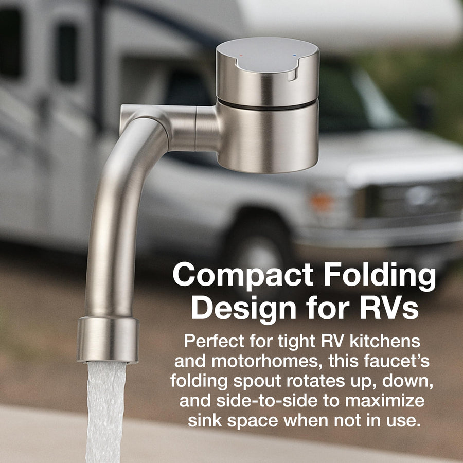Folding RV Kitchen Faucet Dura Faucet (DF-MK510H-SN) – Brushed Satin Nickel, 360° Rotating & Vertical Folding Spout, Single Lever Handle, Lead-Free, Easy Install Compact Sink Faucet