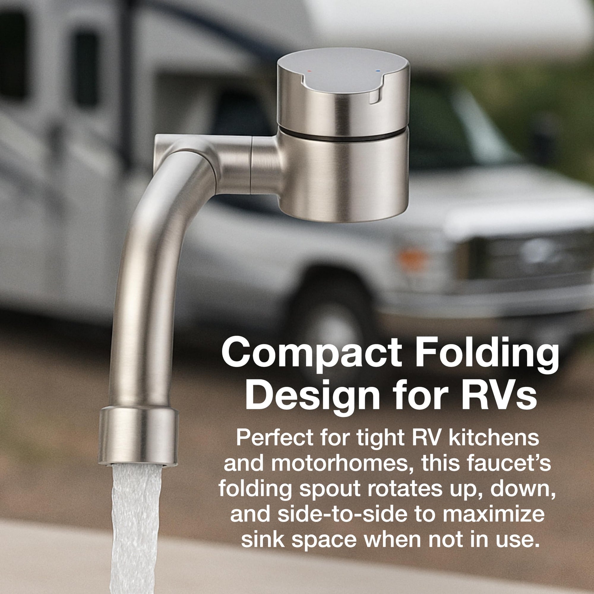 Folding RV Kitchen Faucet Dura Faucet (DF-MK510H-SN) – Brushed Satin Nickel, 360° Rotating & Vertical Folding Spout, Single Lever Handle, Lead-Free, Easy Install Compact Sink Faucet