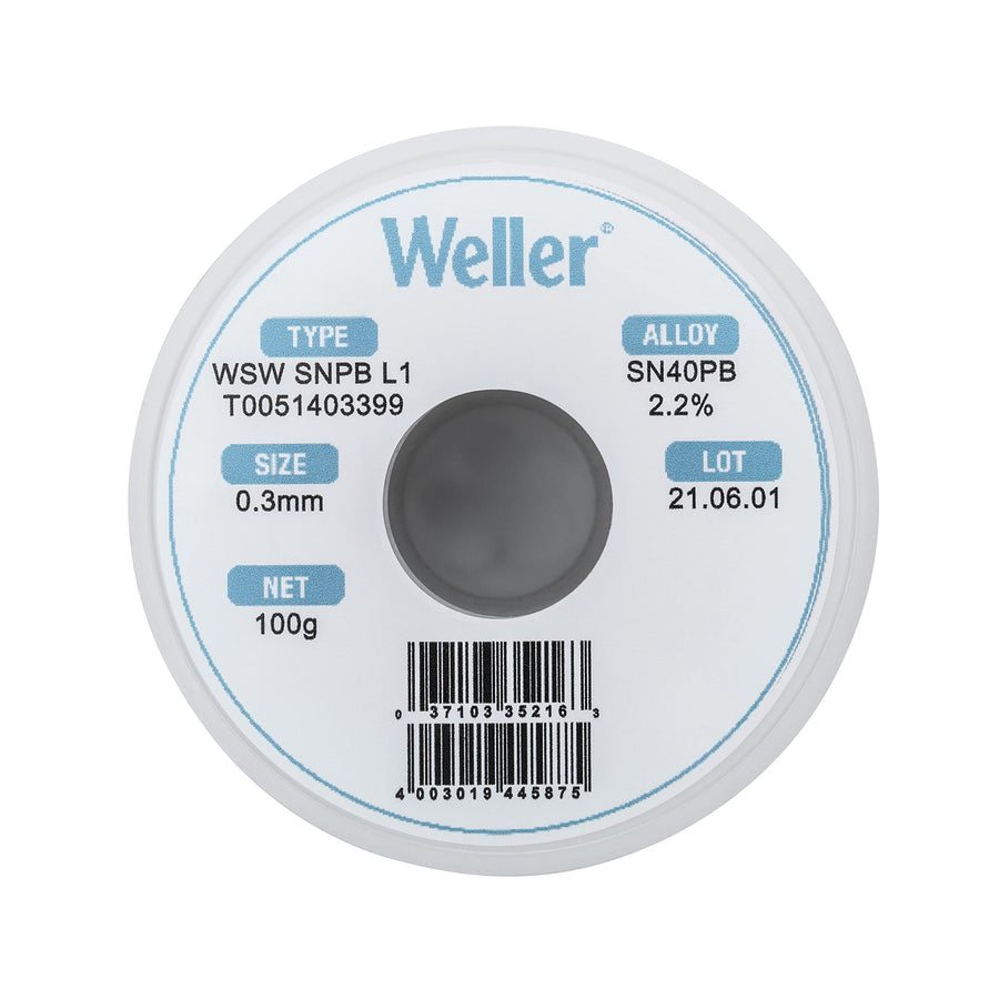 Weller Solder Wire WSW (T0051403399), Dia: 0.3 mm / 0.012 in, Wt: 100 g / 3.527 oz, Alloy Sn60Pb40, Flux content 2.2%