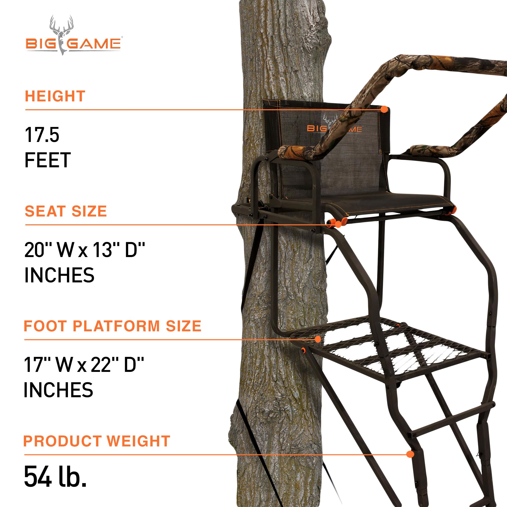 Striker XL BIG GAME Ladder Treestand 17.5 Foot Tall with Flip Back Seat, Padded Armrests, Deep Foot Platform, Ideal for Hunting and Shooting, Black