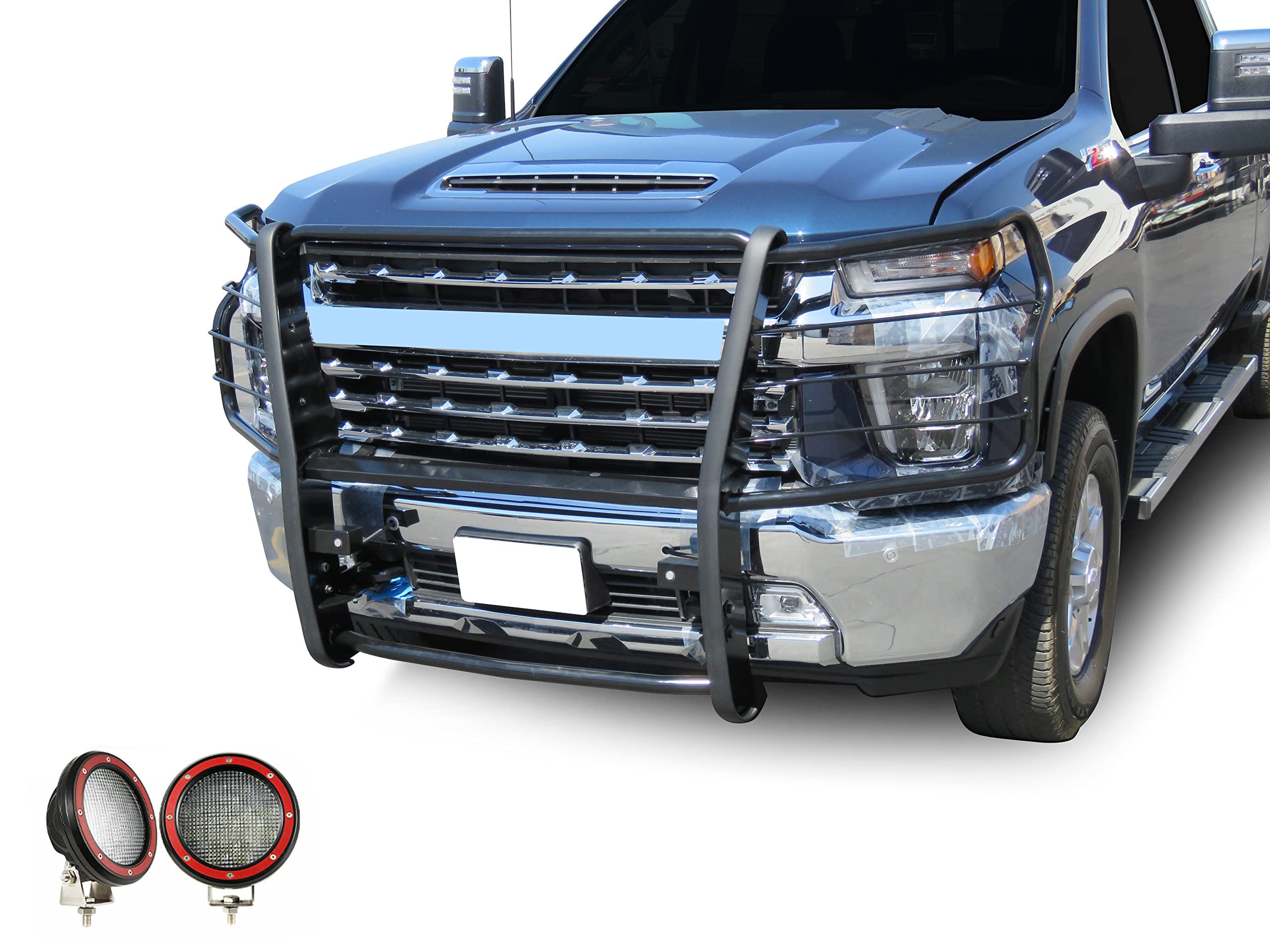 Bumper Guard Black Horse Grille Brush Modular Black Come with Pair of 5.3" Dia.LED Lights with Red Trim Rings Compatible with 2020-2024 Silverado 3500 HD|2020-2024 Silverado 2500 HD-17GT30MA-PLFR