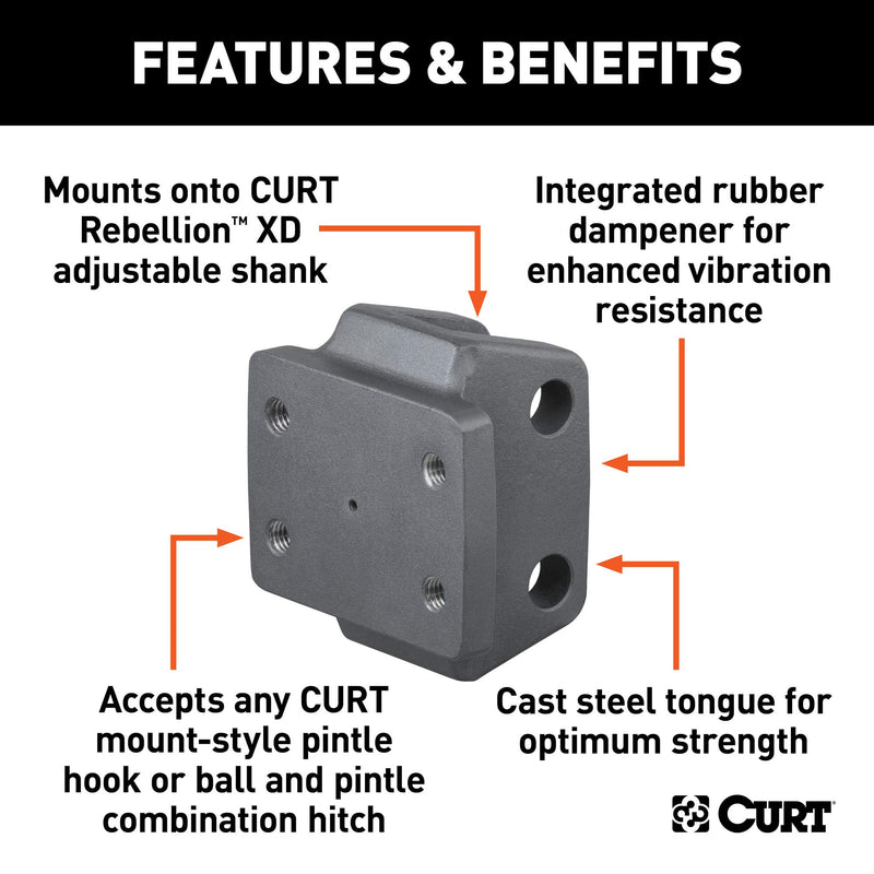 CURT Rebellion XD Adjustable Cushion Hitch Pintle Mount Attachment, Shank Required, Black