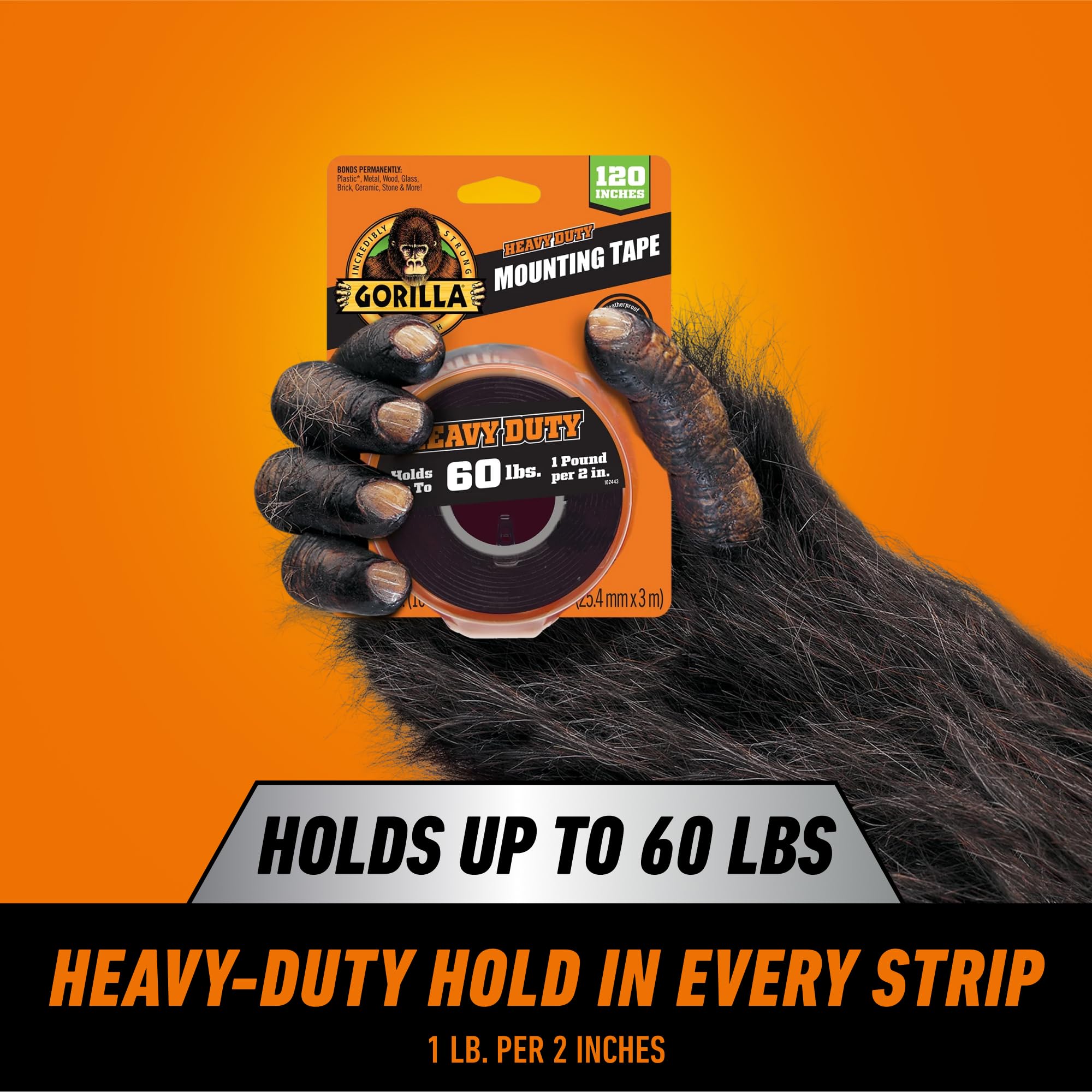 Heavy Duty Gorilla Double Sided Mounting Tape, Black Tape, 1" x 120" (Pack of 1) - Weatherproof for Indoor or Outdoor