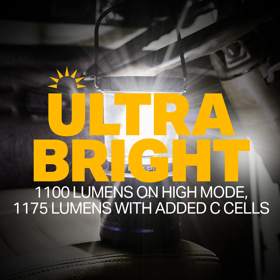 Dual-Power LUXPRO Rechargeable 1100 Lumen LED Lantern for Up to 150 Hours of Use - Camping Lantern with Built-in Power Bank - Dimmable LED Light with IPX4 Water-Resistant Rating