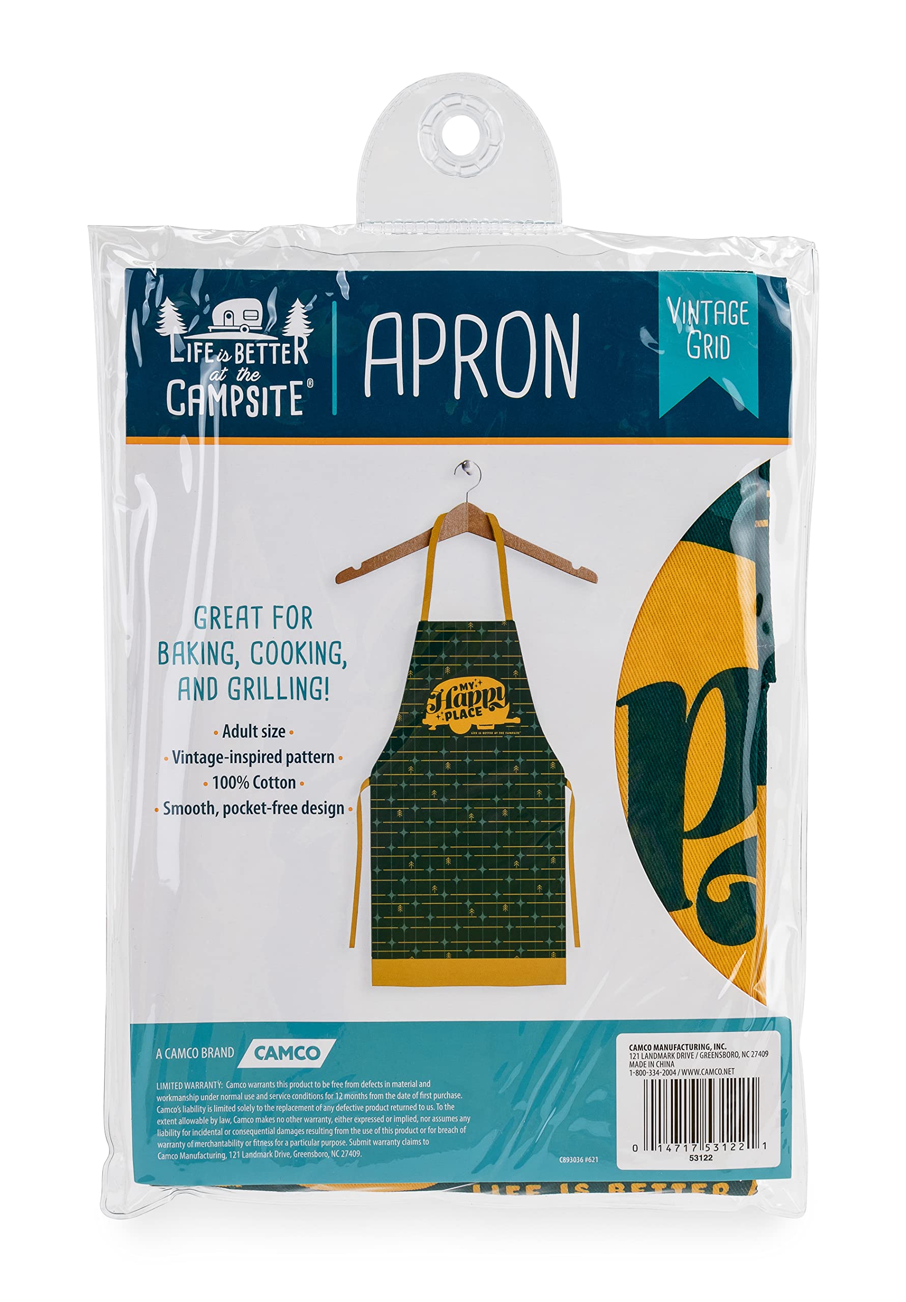 Camco Apron Life is Better at The Campsite | Features Camping/RV Themed Design on Green Grid | Great for Baking, Cooking and Grilling | Adult Sizing (53122)