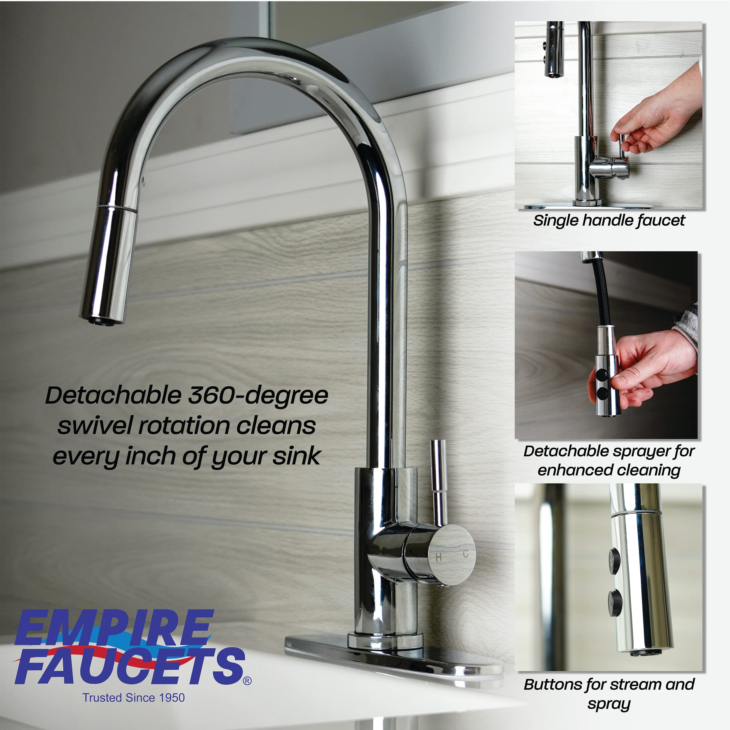 Single Lever Pull-Down Kitchen Faucet Empire Faucets SL4000CH-A with Hi-Arc Bullet Spout and Deck Plate - Chrome