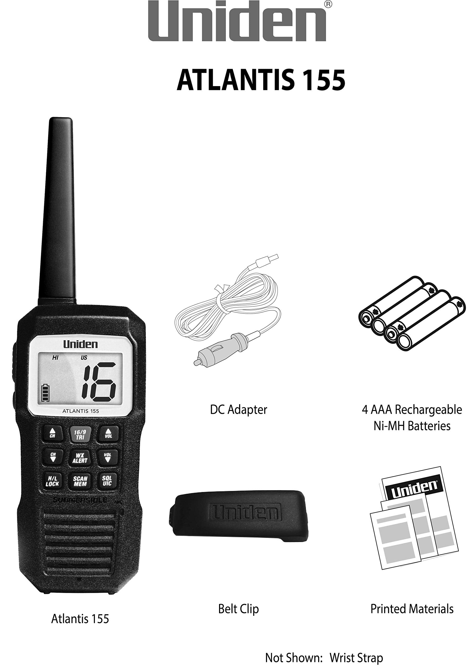 Atlantis 155 Uniden Handheld Two-Way VHF Marine Radio, Floating IPX8 Submersible Waterproof, Dual-Color Screen, All USA/International/Canadian Marine Channels, NOAA Weather Alert, 10 Hour Battery