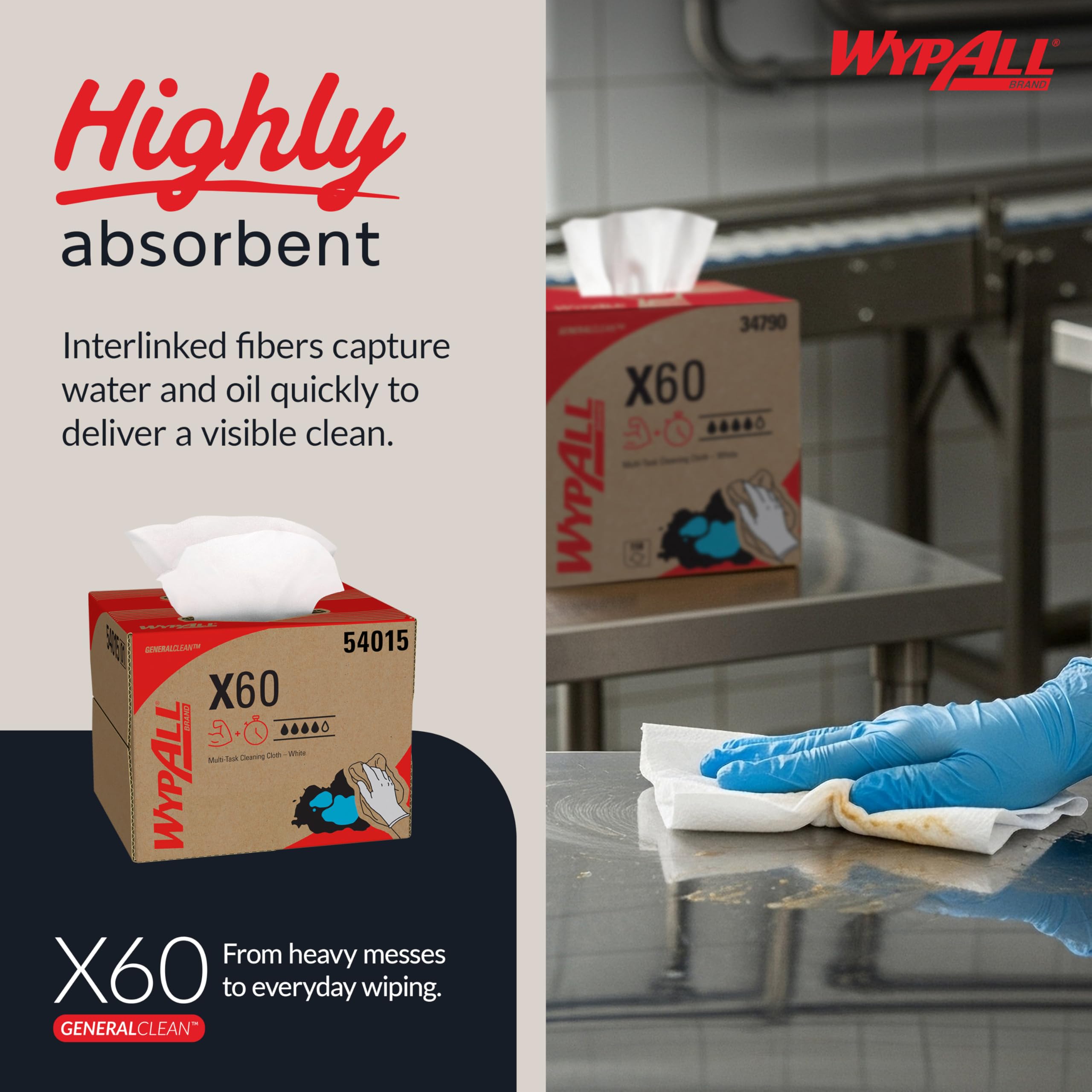 WypAll X60 GeneralClean Cloths Multi-Task Cleaning Wipes (54015), Brag Box, Strong and Absorbent Towels, White (1 Pack of 236 Sheets, 236 Sheet Total)