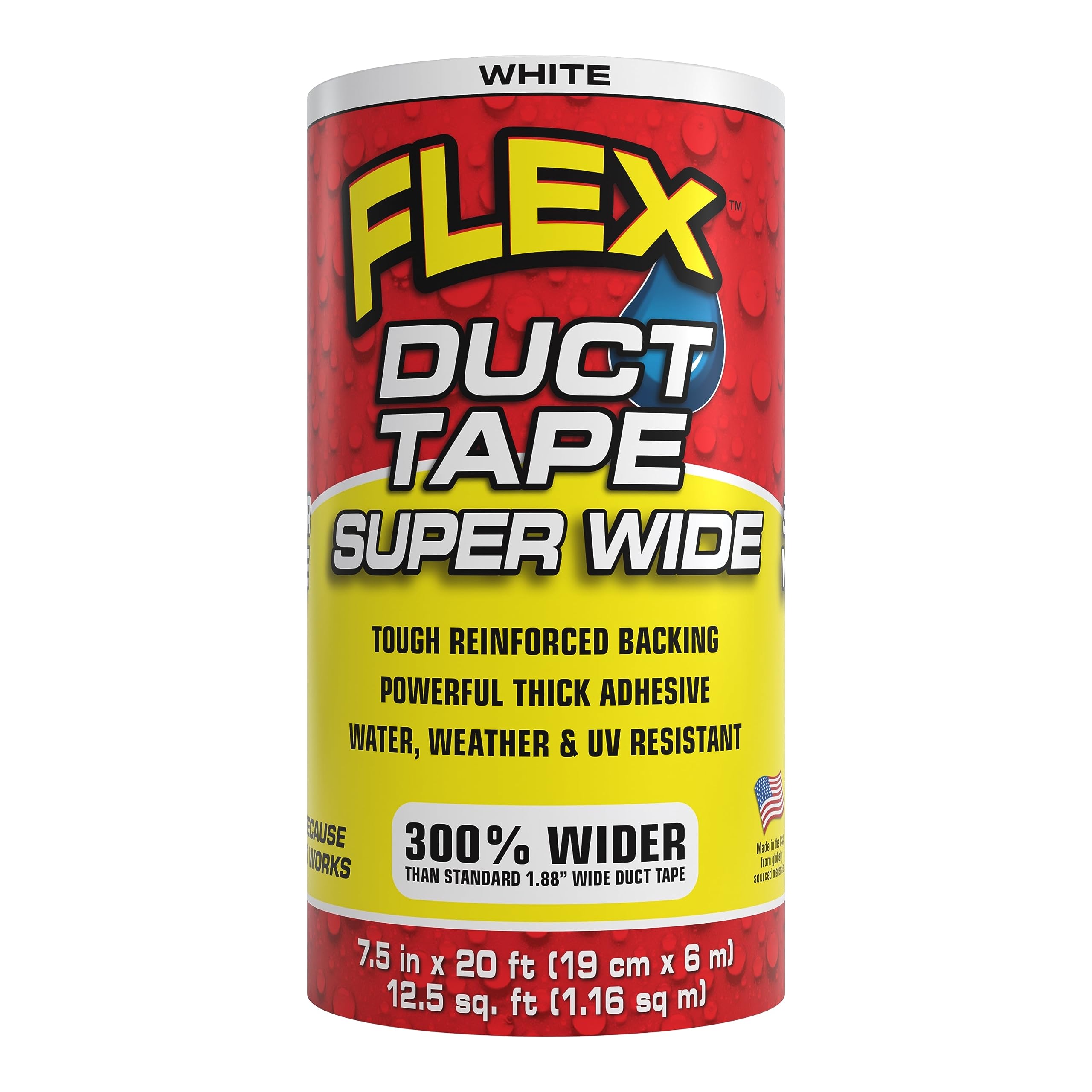 Super Wide Flex Duct Tape, 7.5 Inches x 20 Feet, White, Heavy Duty Strong, Multi-Surface, Water, Weather and UV Resistant, Tearable, Perfect for Boxes, No Residue