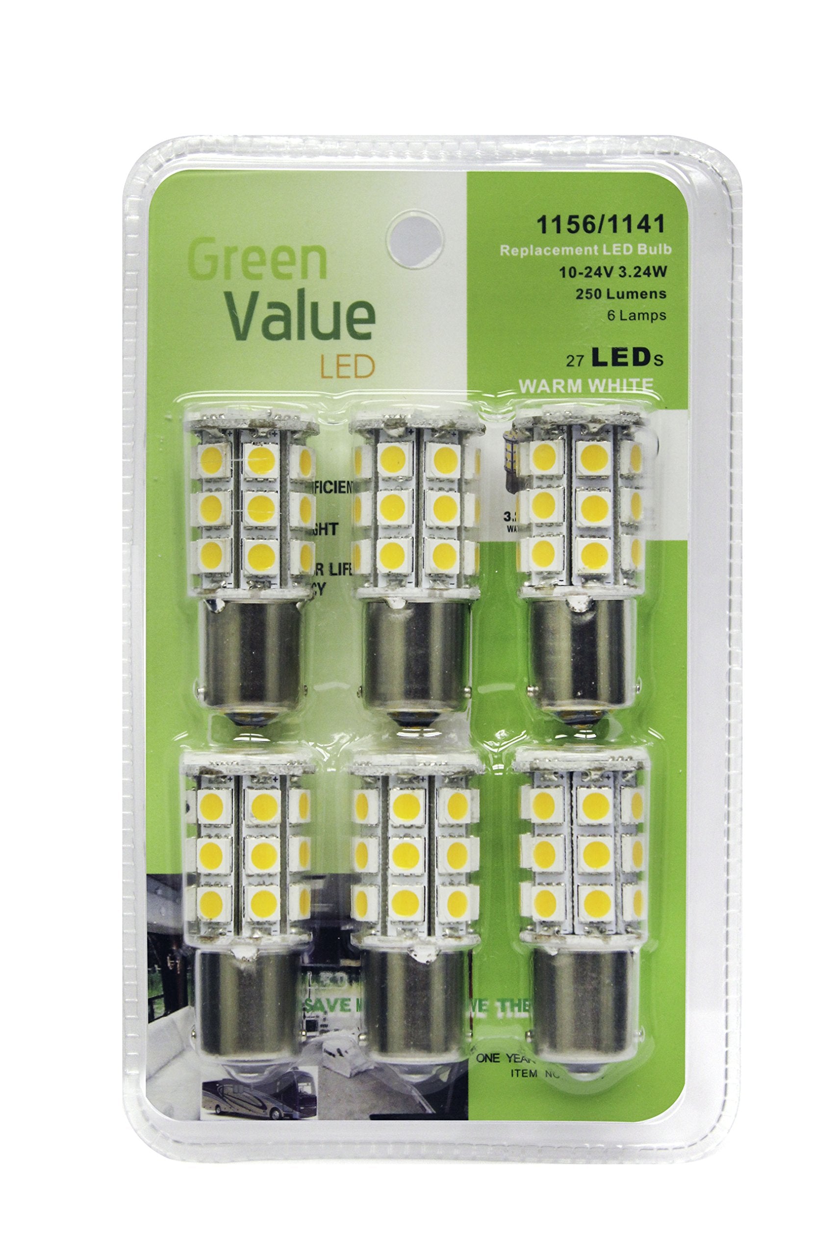6 pk 250 LUM 1156/1141 Base LED Replacement Bulb 10-24v Warm White 25009V (total 6 bulbs)