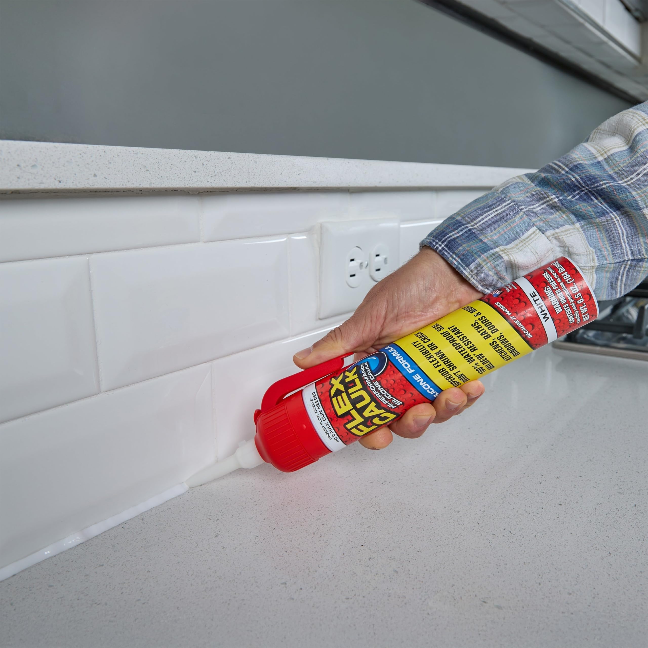 Silicone Flex Caulk, Waterproof & Weatherproof Sealant, Strong, Indoor, Outdoor, Bath, Kitchen, Shower, Sink, Window, Baseboards, Door, RV, Roof, Wood, Glass, Tile, Marine, White, 6.5 oz, 1-Pack