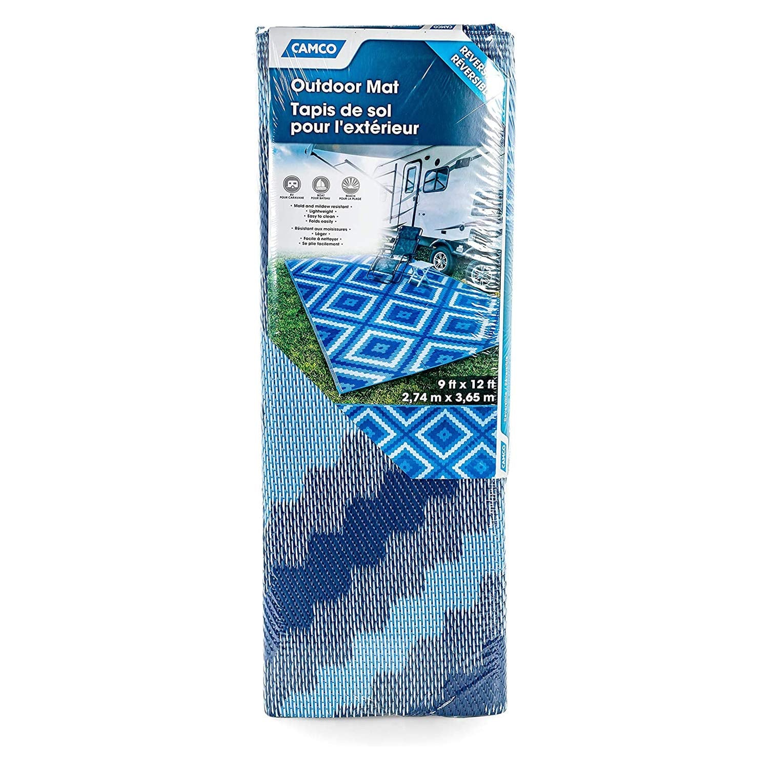 Camco Outdoor Rug | Blue & White Zig Zag Diamond Design Features Reversible | Made of Lightweight Breathable Material | Measures 9’ x 12’ & Folds for RV Storage and Organization (42866)