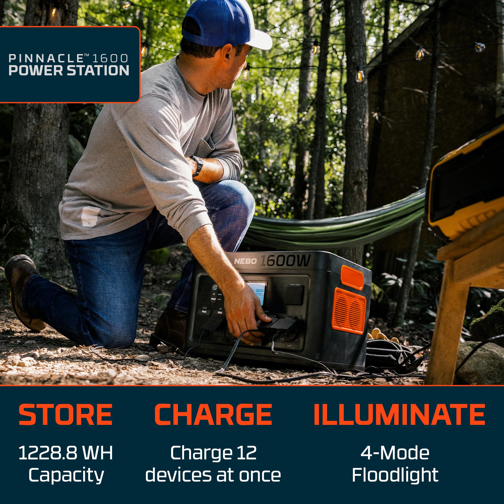1600 W NEBO PINNACLE Power Station | 1228.8Wh Capacity, Portable Uninterruptible Power Supply for Emergencies, LiFePO4 Battery, 12 Outlets, 2 Hour Recharge, OVERDRIVE Runs Devices up to 2000 Watts