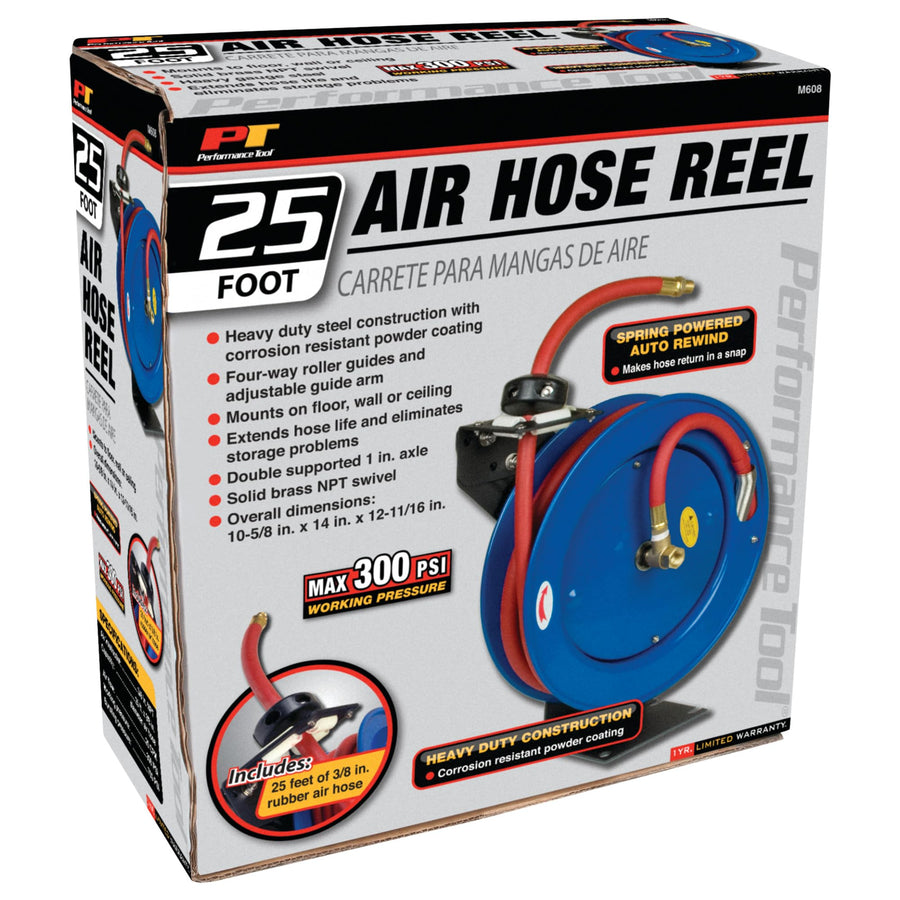 M608 Performance Tool Auto Retractable Hose Reel with 25-Foot Hose