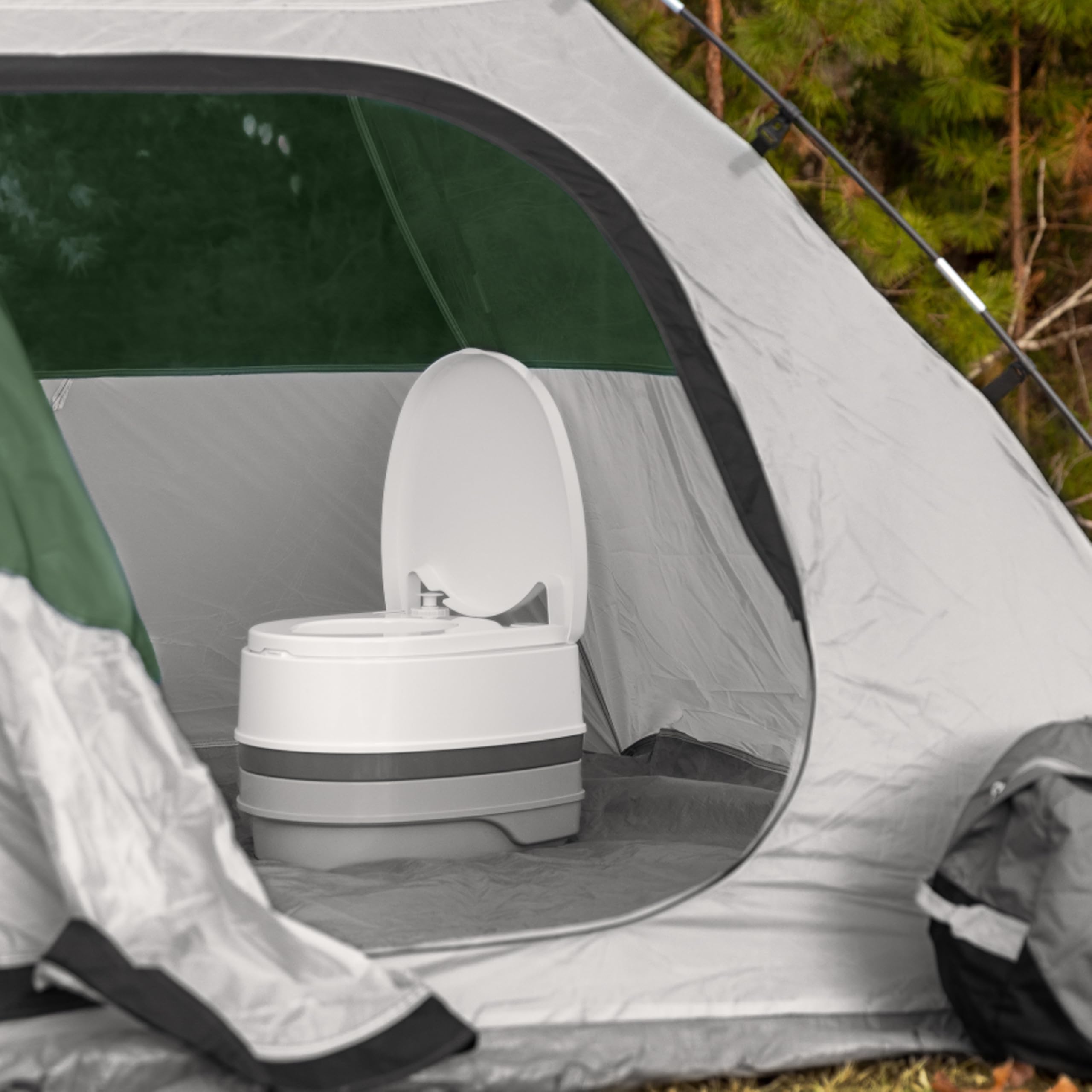 Camco Premium RV Travel Toilet - Features a 5.3-Gallon Detachable Holding Tank, Pump Flush Design & Spring-Loaded Latch (41535)