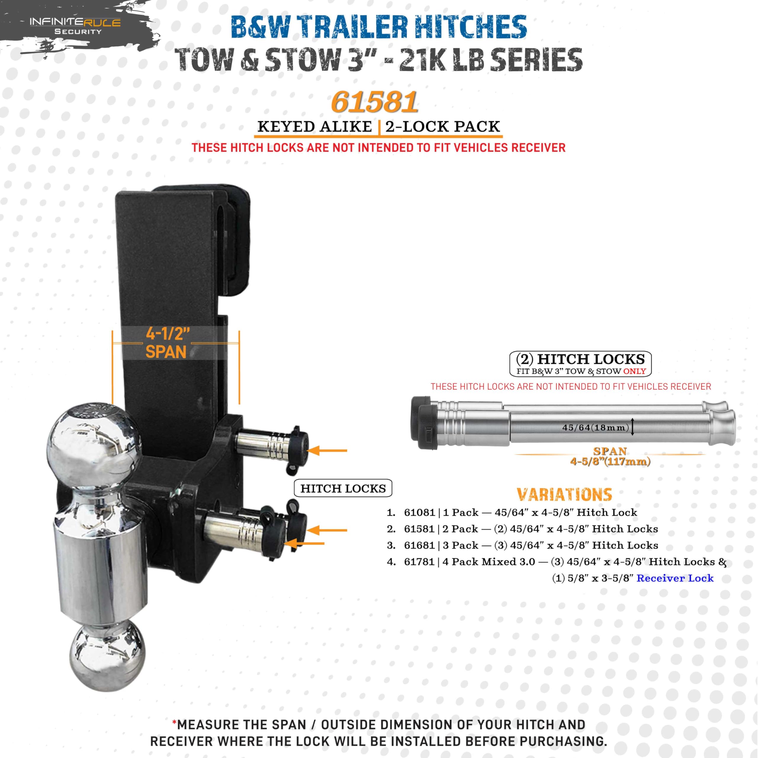61581 InfiniteRule Security | 2 Pack, Keyed Alike, Hitch Locks for B&W Hitches 3" Tow and Stow 21K LB