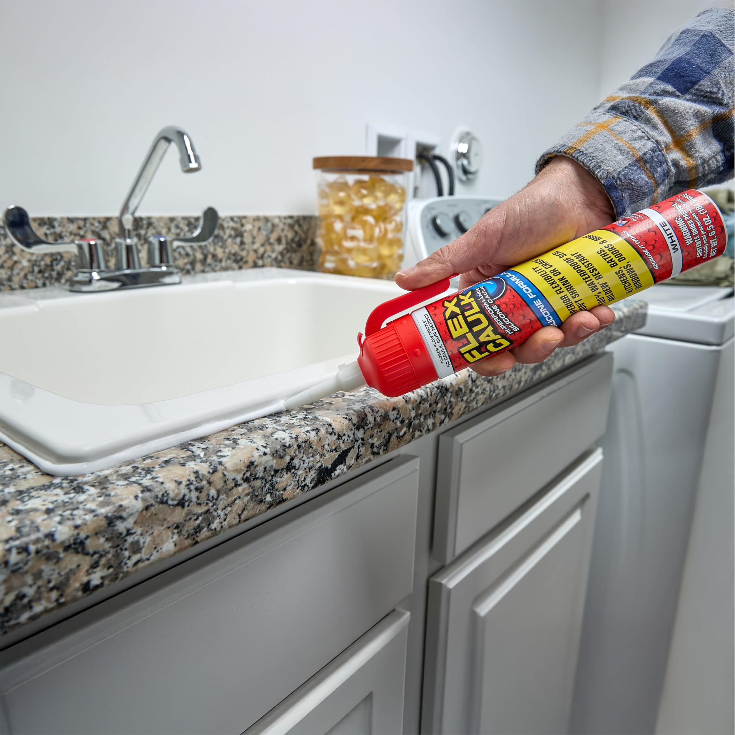 Silicone Flex Caulk, Waterproof & Weatherproof Sealant, Strong, Indoor, Outdoor, Bath, Kitchen, Shower, Sink, Window, Baseboards, Door, RV, Roof, Wood, Glass, Tile, Marine, White, 6.5 oz, 1-Pack