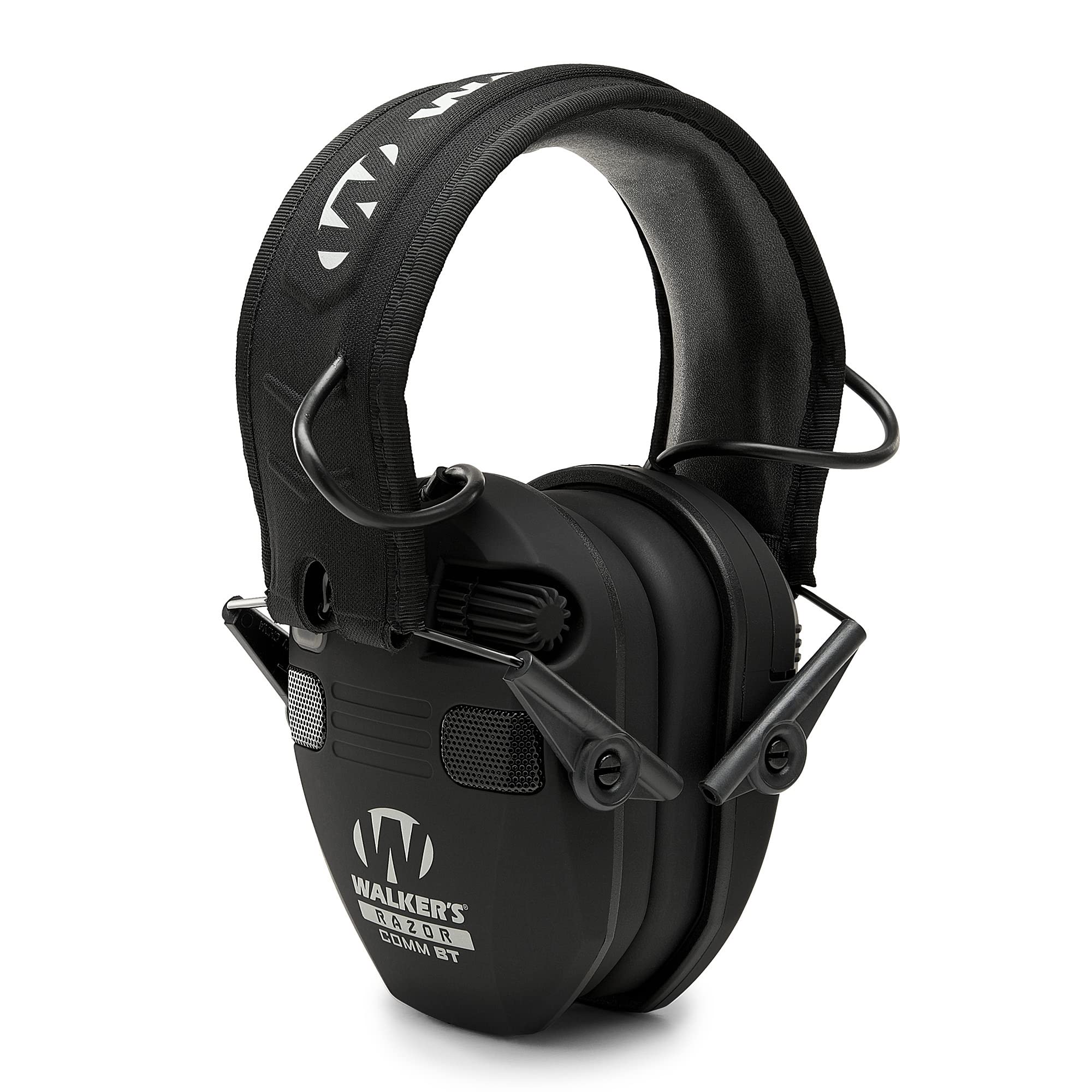 WALKER'S Quad Electronic Razor Muff w/ Bluetooth | 4 Mics 360-Degree Sound Capture 23dB NRR Hearing Protection Range Shooting Earmuffs w/ 2 AAA Batteries, Black