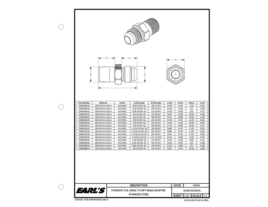 SS981604ERL Earl's Straight Male AN -4 to 1/8 in. NPT - Stainless Steel
