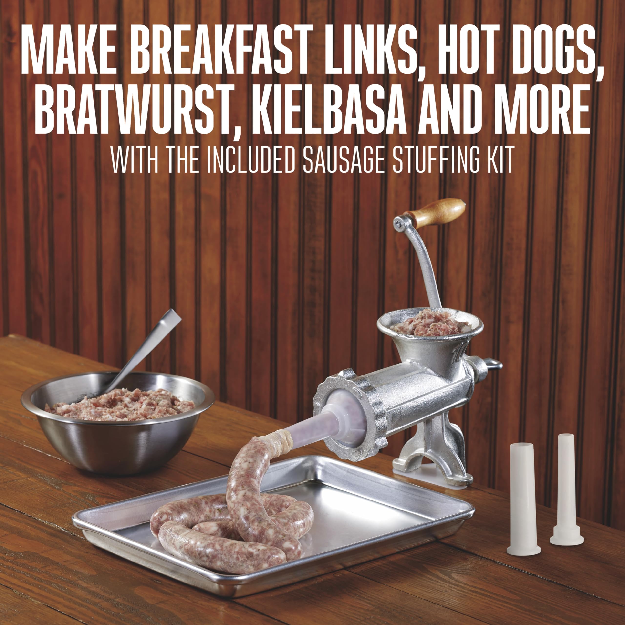 Weston Manual #10 Tinned Meat Grinder and Sausage Stuffer, 4.5mm & 10mm plates, + 3 sausage funnels, Silver