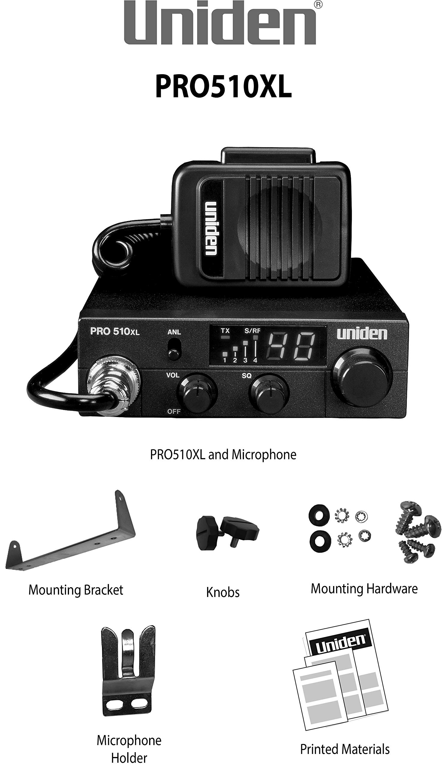 Pro Series Uniden PRO510XL 40-Channel CB Radio. Compact Design. Backlit LCD Display. Public Address. ANL Switch and 7 Watts of Audio Output. Unique PLL Circuit. S/RF LED Meter. , Black