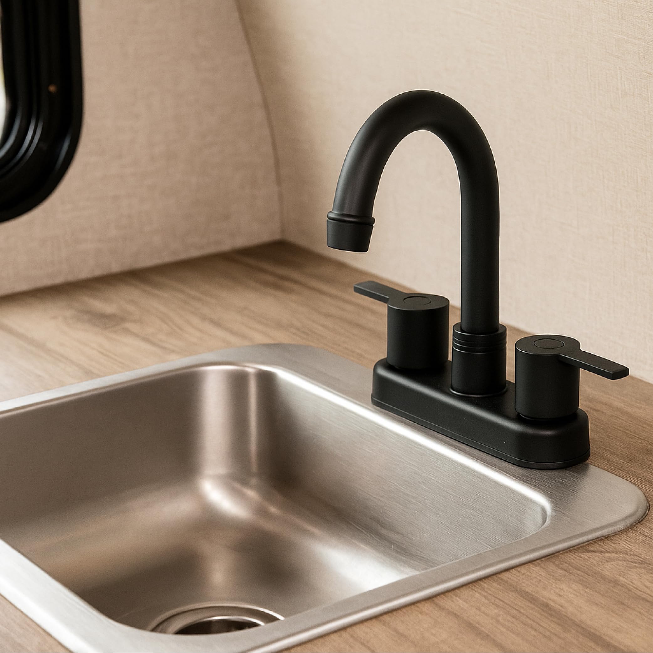 Dura Faucet Modern (DF-PB155M-MB) RV Bathroom Faucet with Dual Levers – Matte Black 4-Inch Center Set, High-Arc Spout, Easy 2-Hole Installation – Lightweight, Lead-Free, and Washerless Design