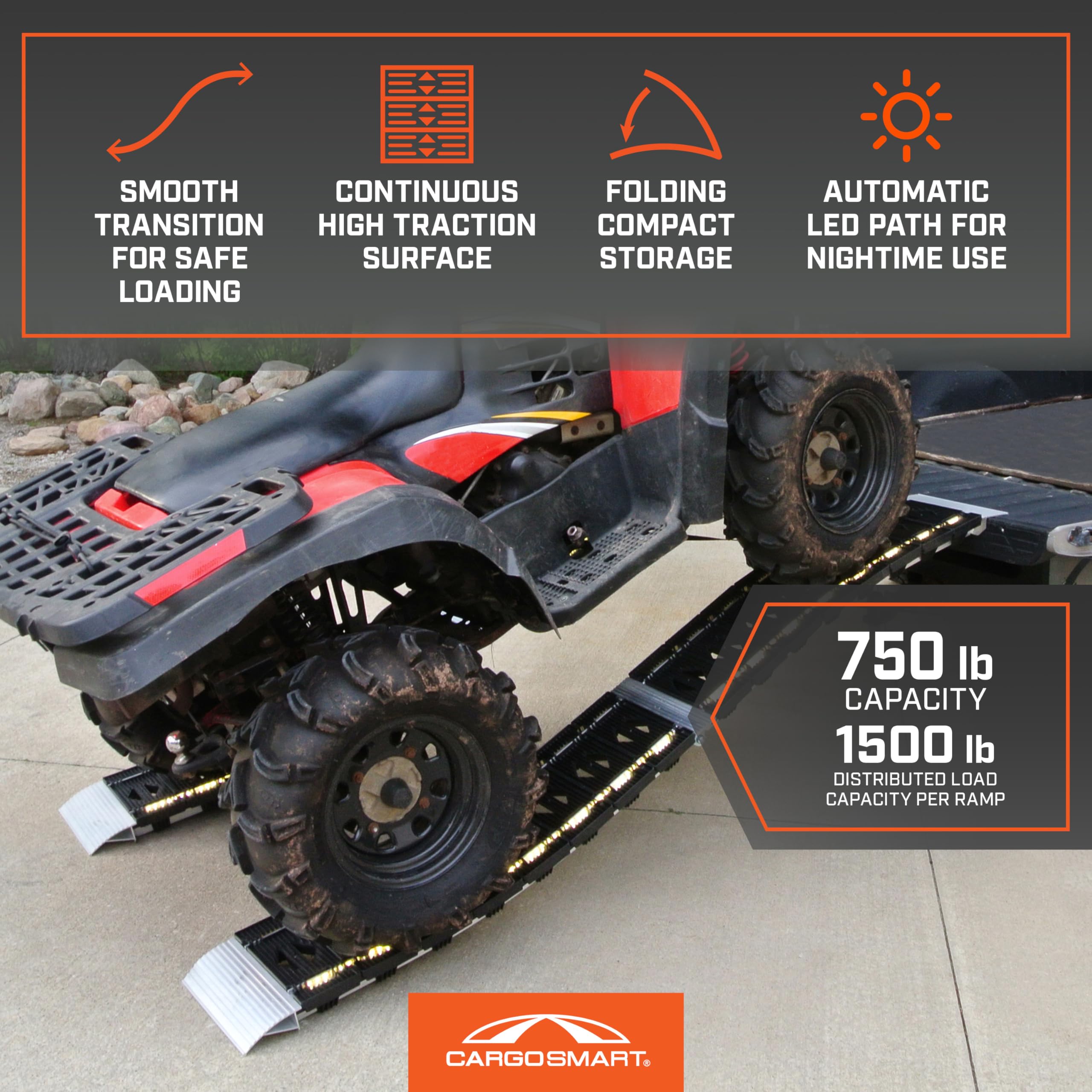 CargoSmart Hybrid LED S-Curve Centerfold Loading Ramp, 1 Pack — 1,500lb Per Pair Capacity, 12” W x 90” L — Aluminum Ramp with Built-in LED Lights, Load/Unload Lawn Equipment, Motorcycles, ATVs & More