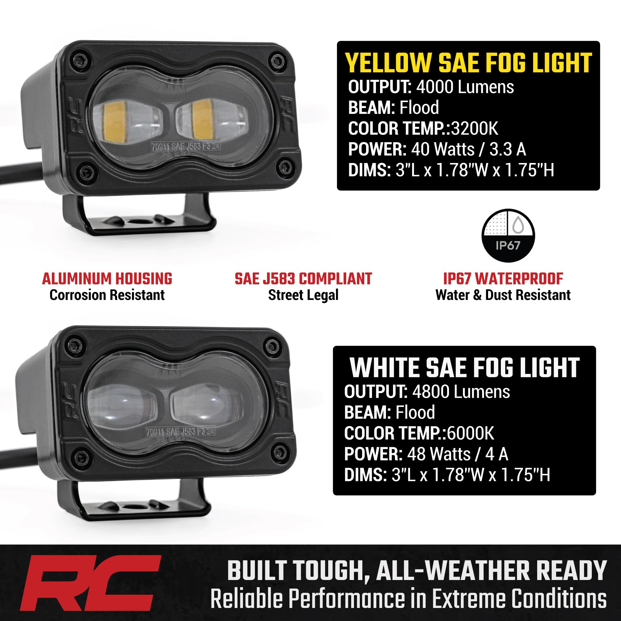 Rough Country SAE LED Slim Fog Lights 3" x 1.75" - Street Legal Fog Light Kit, Swivel Mount, IP67 Waterproof, Yellow