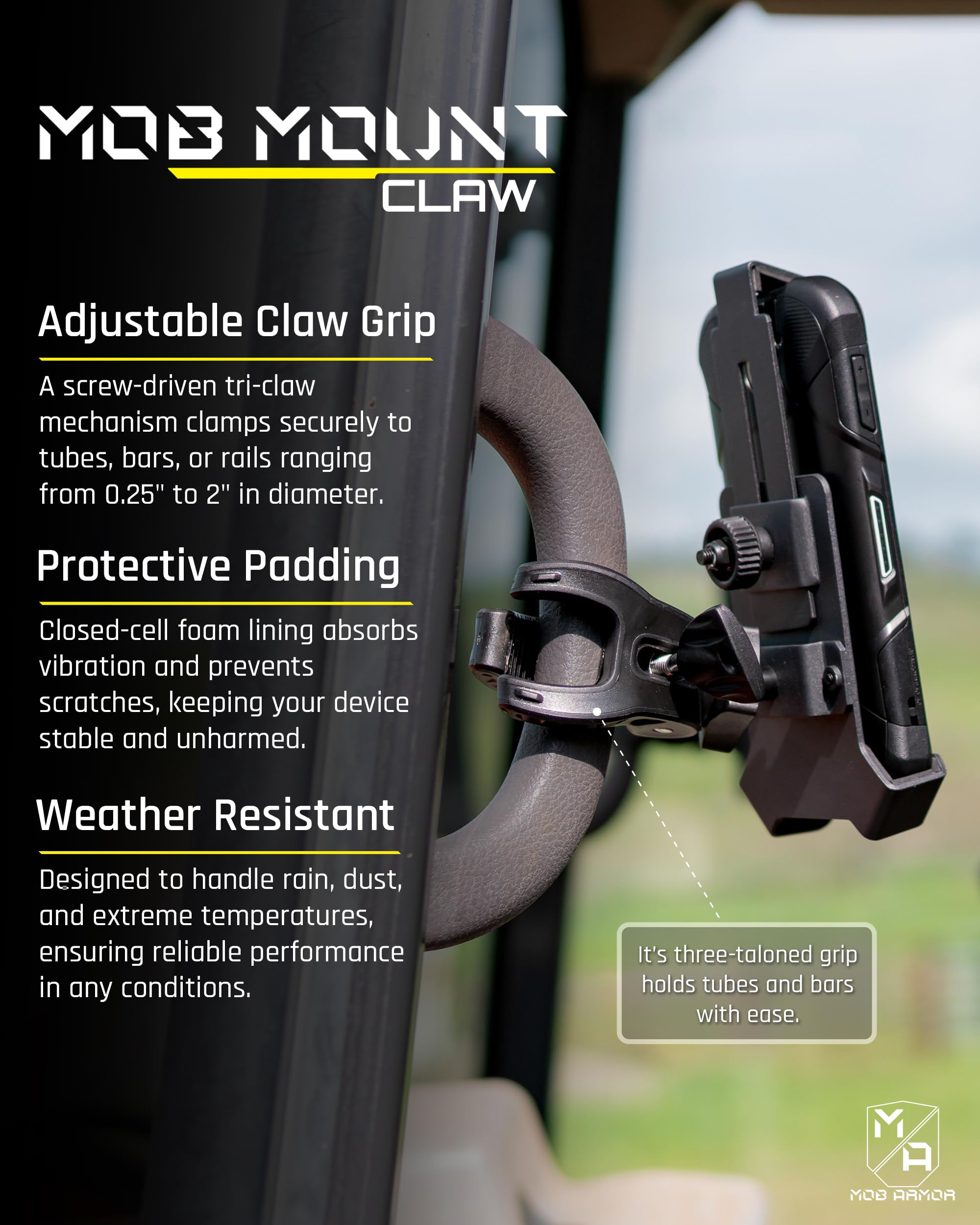 Mob Armor Claw Mount Mob with 360° Rotation - Universal Phone Mounting Clamp for Motorcycle, Jeep, Dirt Bike, Car, ATV, Boat, Truck, Emergency Vehicle - Large, Black