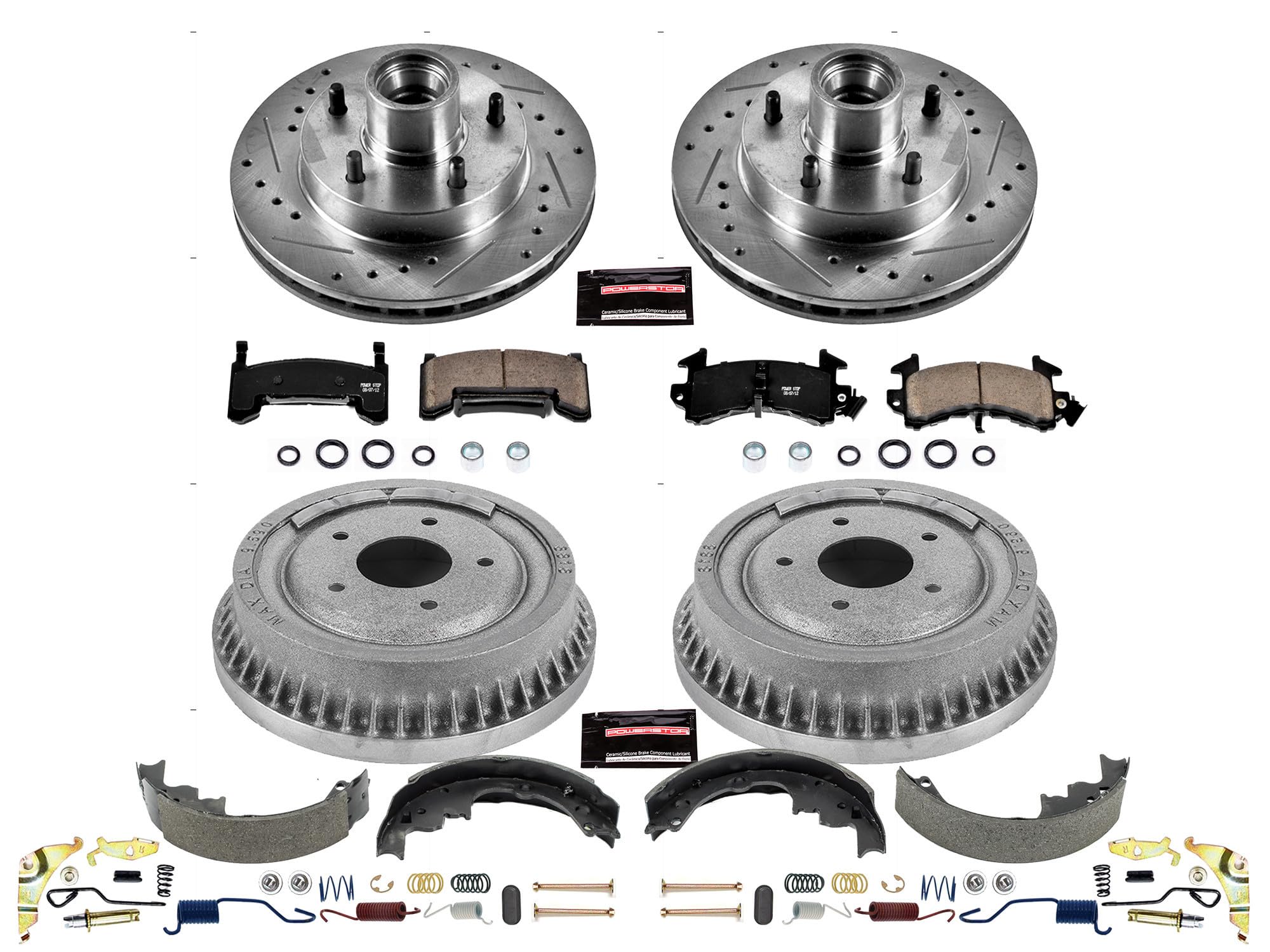 Power Stop K15041DK Z23 Carbon Fiber Brake Pads Front and Rear with Drilled & Slotted Brake Drums Kit