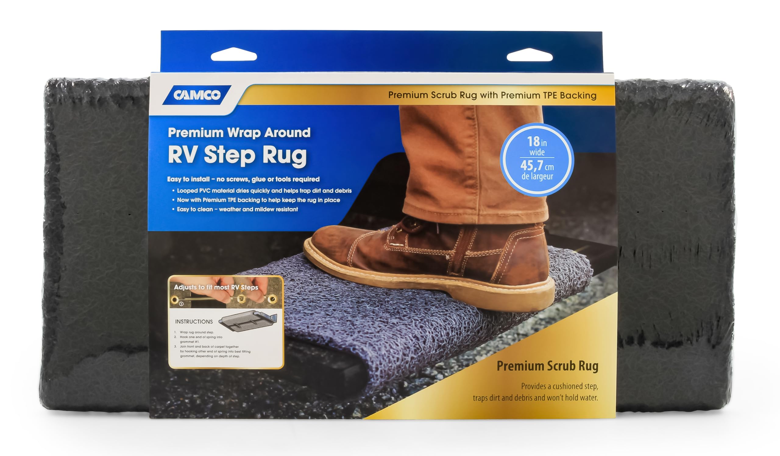 Camco Wrap Around Premium RV Step Rug - Fits 18-inch Wide Steps - Adjustable Depth of 8-inches to 10.5-inches - Compatible with Manual or Electric RV Steps - Black (42962)